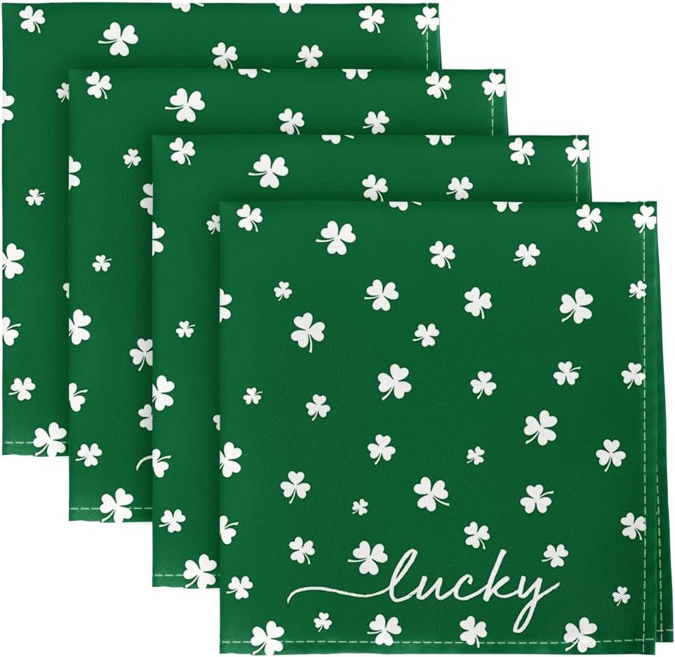 St. Patrick's Day Cloth Washable Napkin Set of 4, Irish Clover Shamrock Green Party Dinner Decoration (18" x 18")