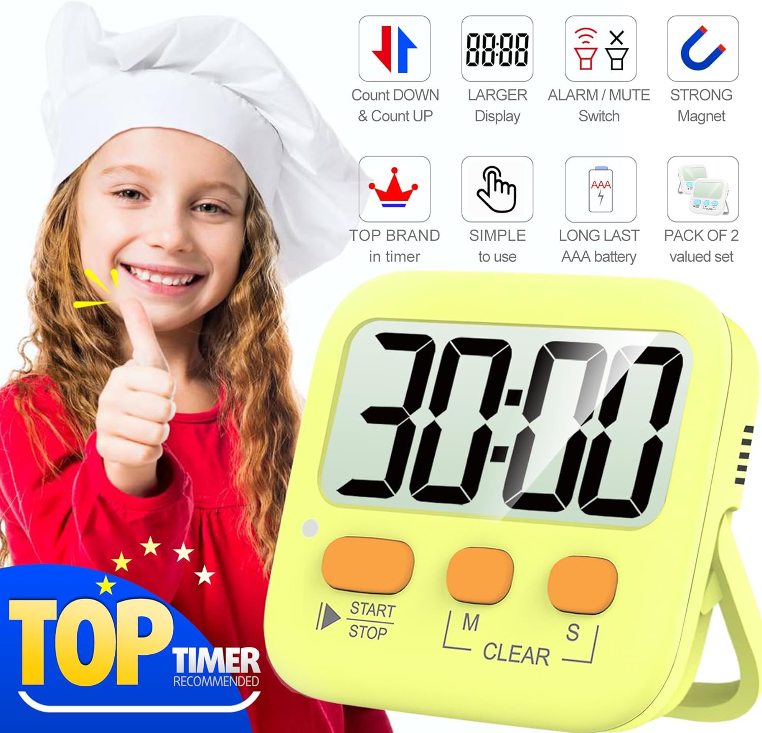 2 Pack Kitchen Timer Digital Timer for Cooking, Egg Timer, Cute Magnetic Desk Timers, Yellow