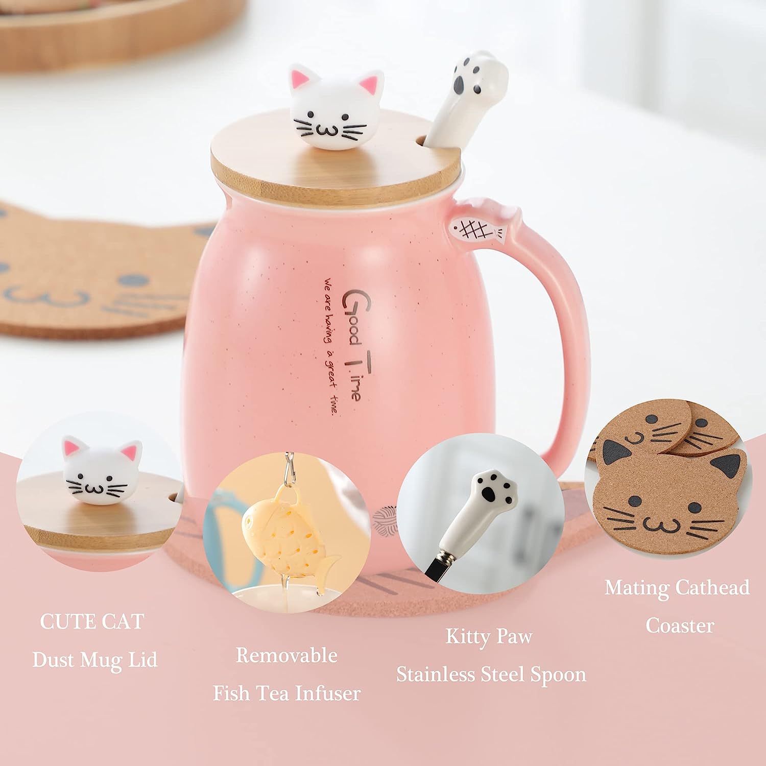 Ceramic Cat Mug Cute Mugs with Lid Spoon, 13oz, Pink