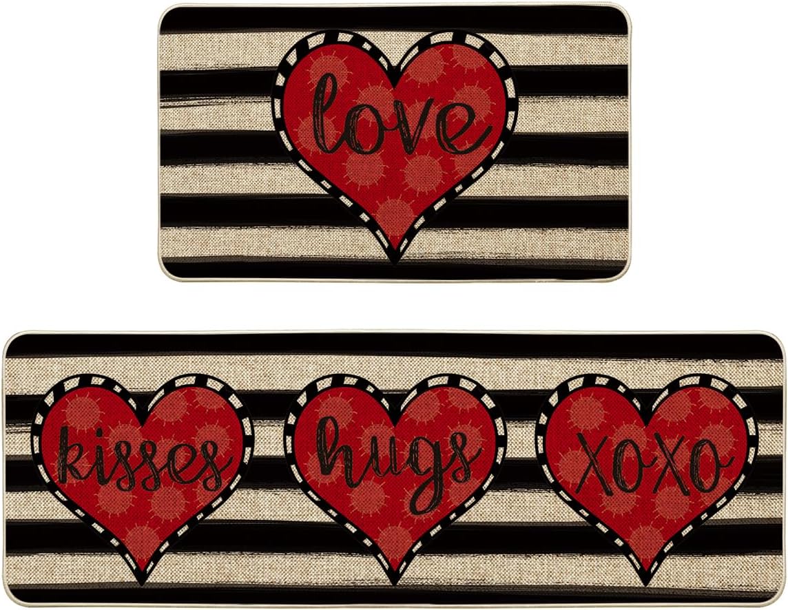 Valentine's Day Kitchen Mats Set of 2, Love Kisses Hugs Stripes (17" x 29" and 17" x 47")