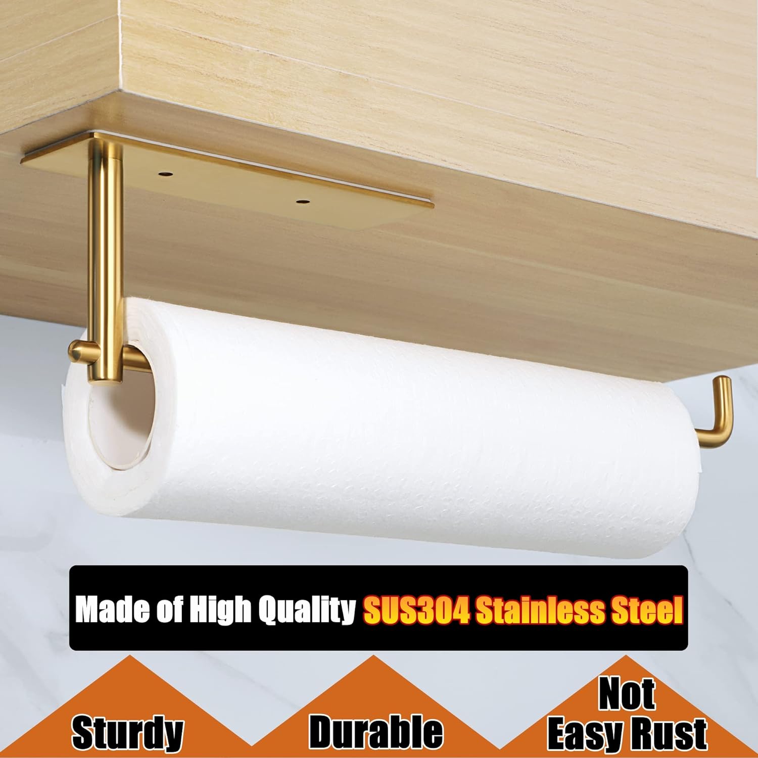 Gold Paper Towel Holder Under Cabinet Stainless Steel Paper Towel Rack Dispenser Kitchen Accessories Wall Mount with Self-Adhesive or Screw