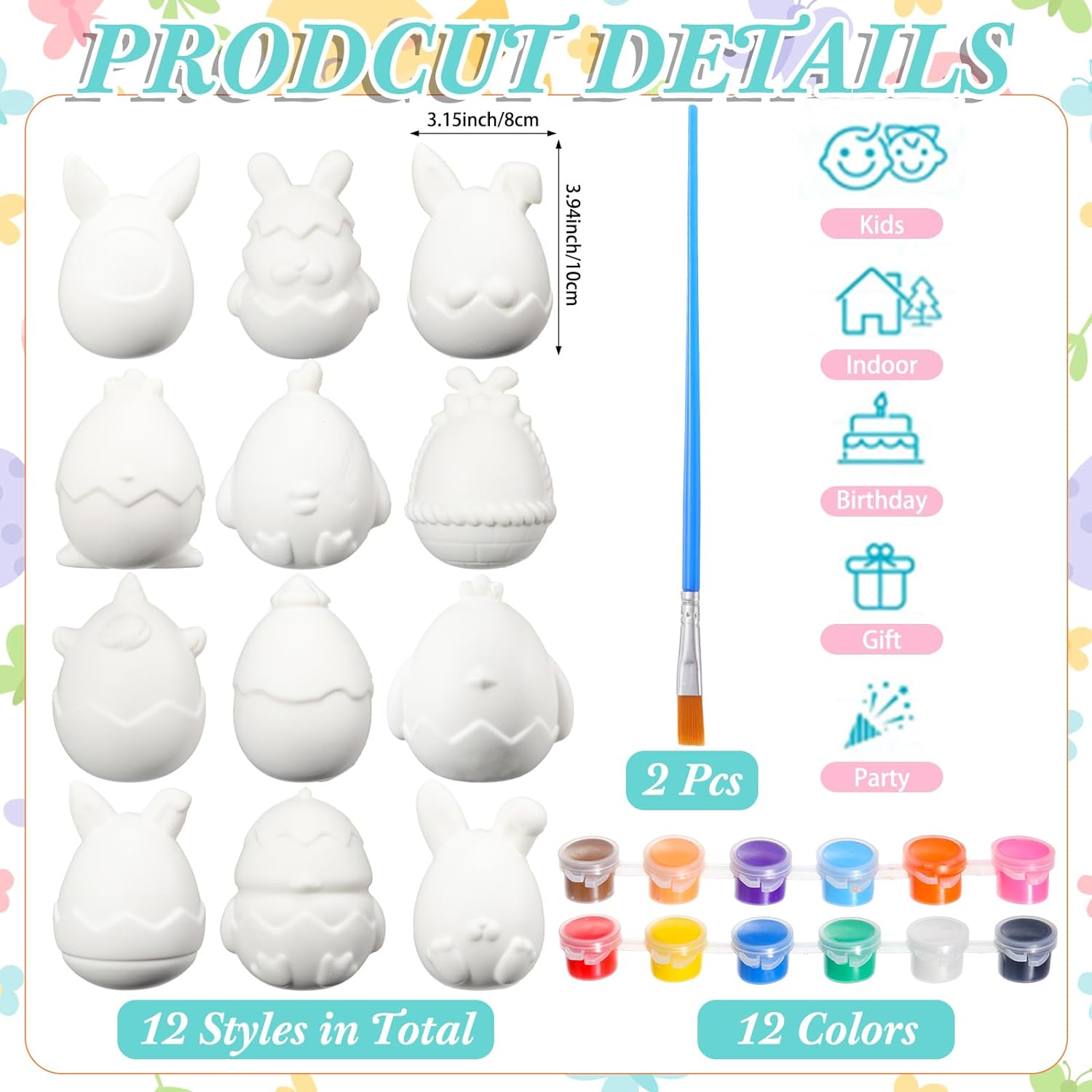 Eggs Painting Kit 12PCS White Easter Eggs Coloring Decorating Crafts Kit Party Favor