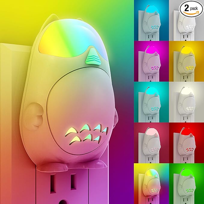 Owl Color Changing Night Lights Plug Into Wall, 2 Pack for Kids Smart Voice Activated 9 Colors 6 Lighting Modes LED Dimmable