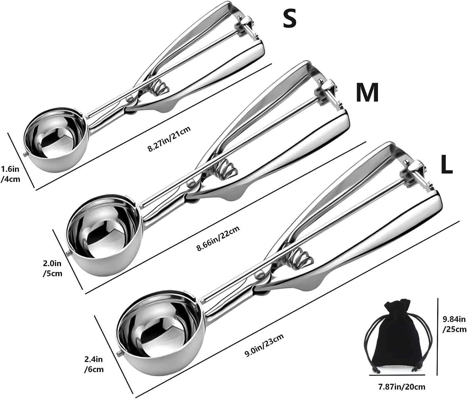 Ice Cream Scoop Stainless Steel Cookie Scoops for Baking Set of 3