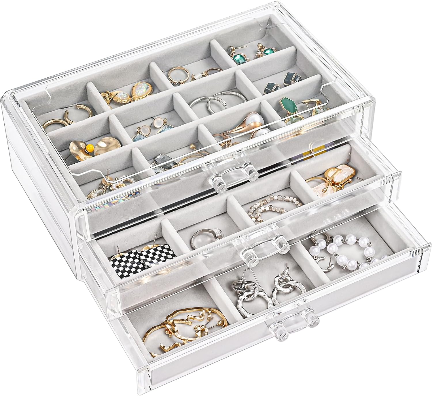 Earring Holder Organizer Box with 3 Drawers, Clear Acrylic Jewelry Box, Stackable Large Jewelry Storage Case with Adjustable Velvet Trays on Dresser Vanity (Gray)