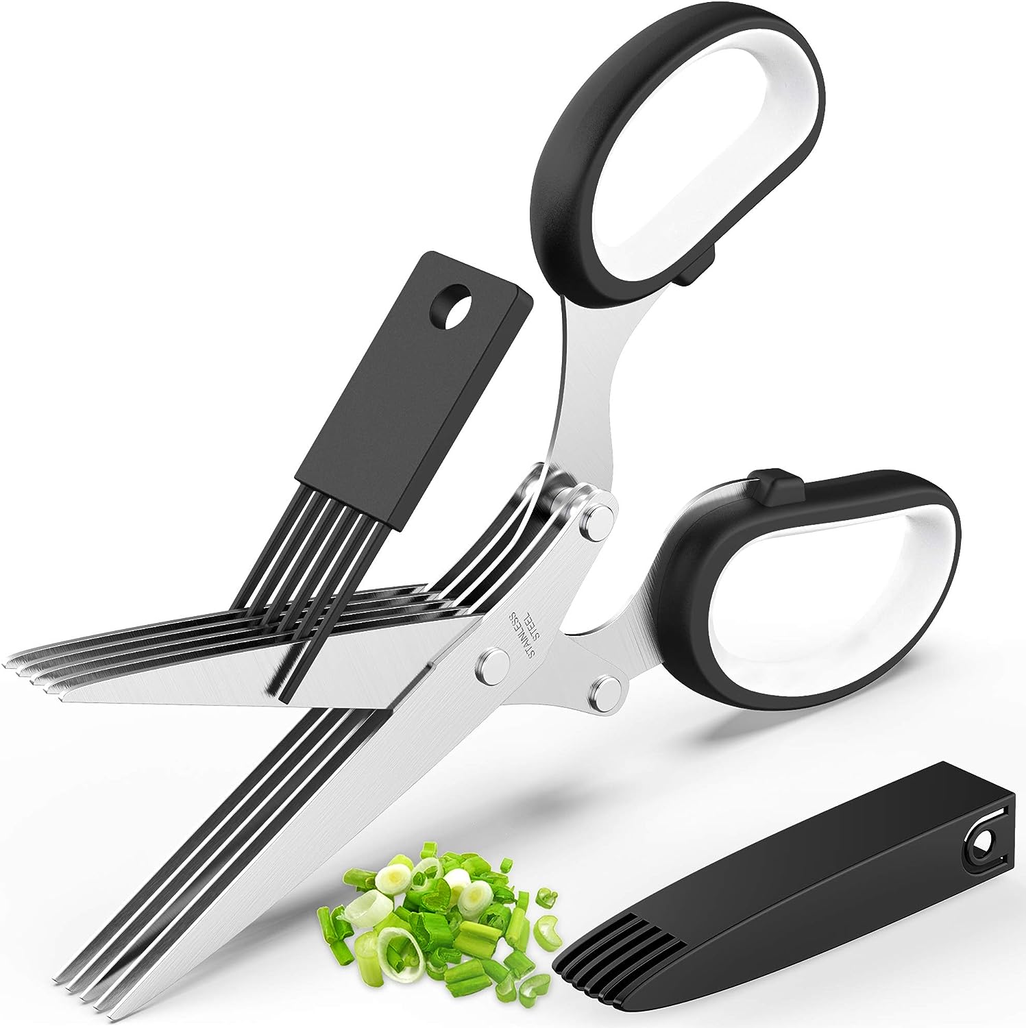 Kitchen Gadgets Herb Scissors Set with 5 Blades and Cover, Sharp and Anti-rust Stainless Steel, Dishwasher Safe (Black-White)