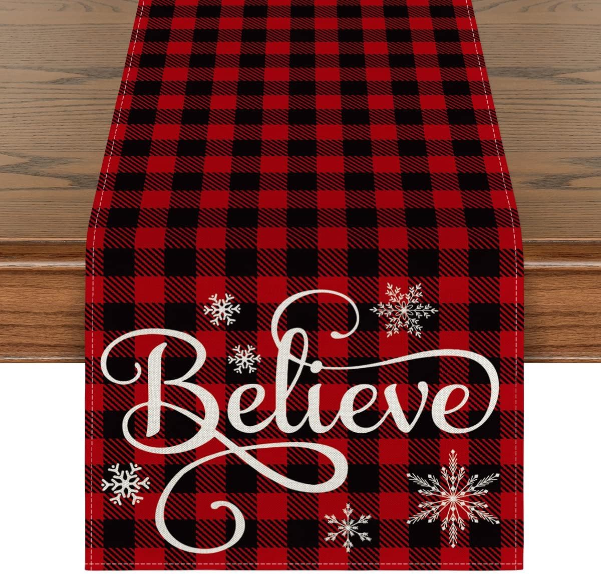 Table Runner Believe Red and Black Buffalo Plaid Christmas Decoration 13" x 72"