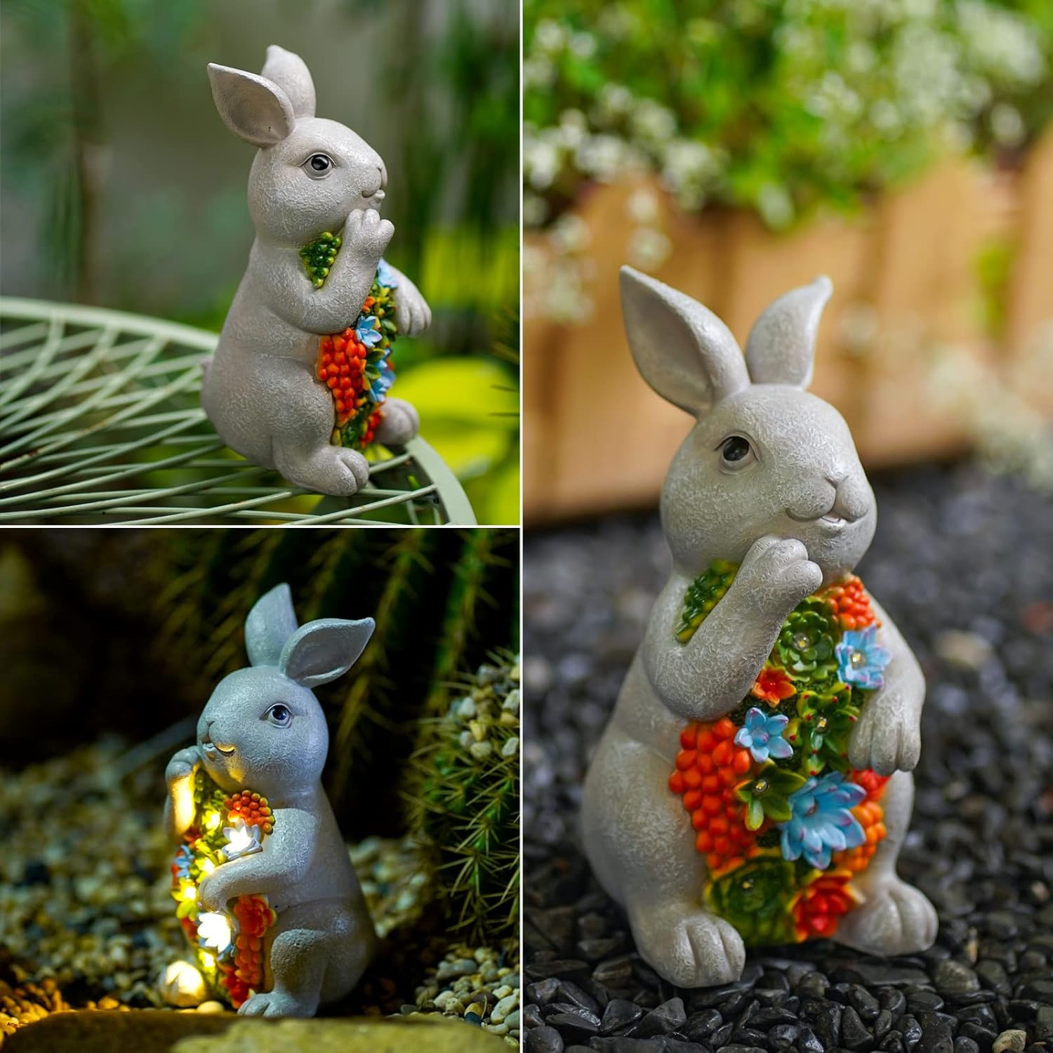 Rabbit Solar Garden Outdoor Statues Bunny with Succulent and 7 LED Lights