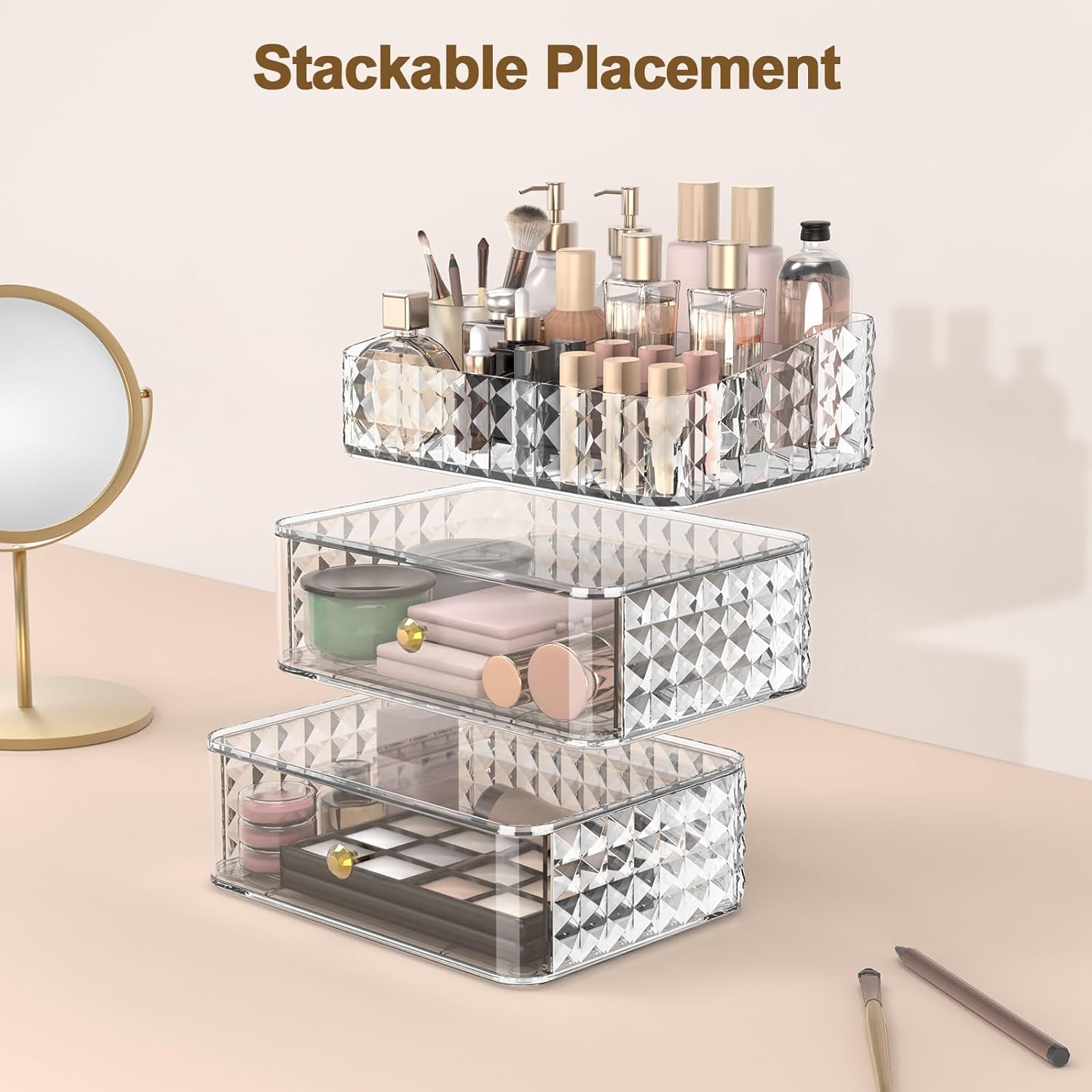 Stackable Makeup Organizer Cosmetics Organizer and Storage with 2 Drawers and 1 Tray, Clear Color