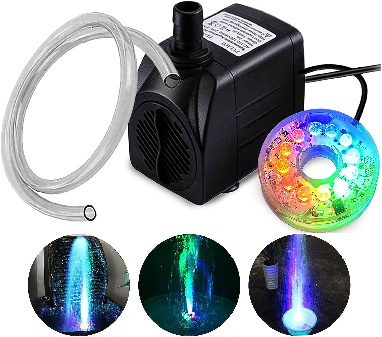 Fountain Pump Submersible 10Watt 160GPH with LED Light for Outdoor Pond, Aquarium and Home Fountain