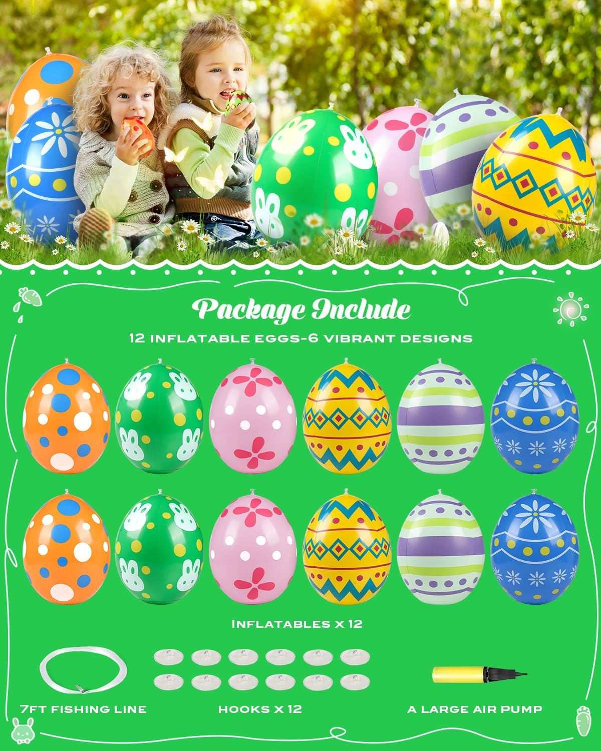 Inflatable Easter 12PCS Eggs Outdoor Decorations 18" Decorative Hanging Blow Ups Ornaments for Yard