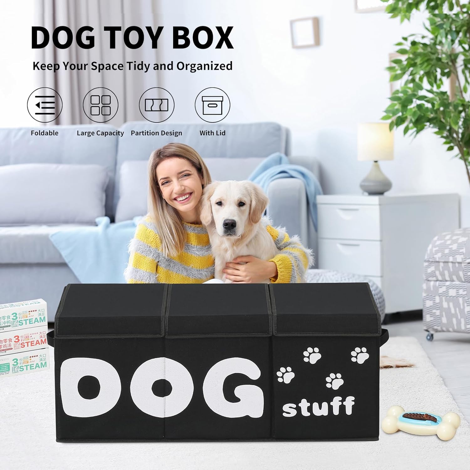 Large Dog Toy Bin with Lids, 3 Grids Dog Toy Storage Box for Dog Toys, Dog Toy Basket for Pet Supplies