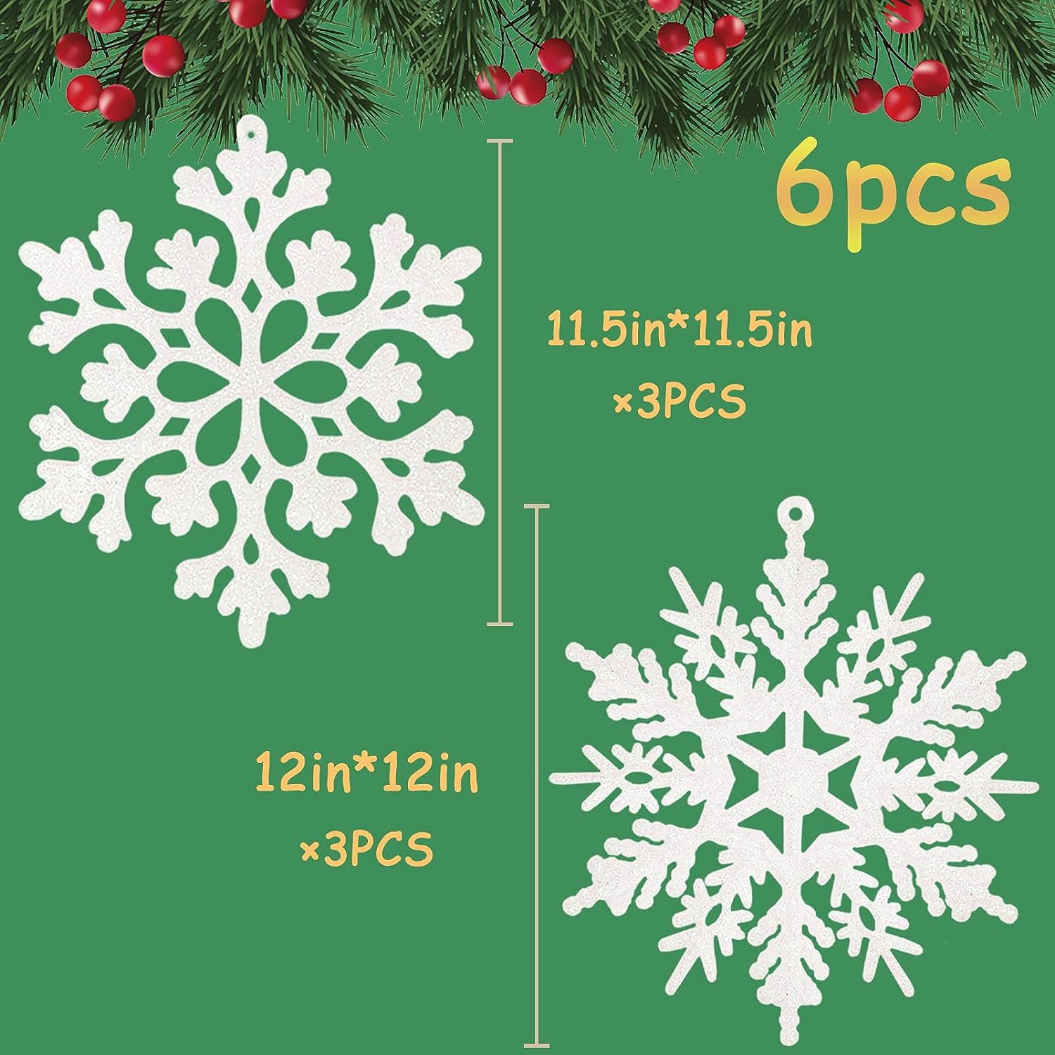 Snowflake Glitter 12" Plastic Snowflakes Ornaments for Winter Indoor Outdoor Christmas, 6 Pieces