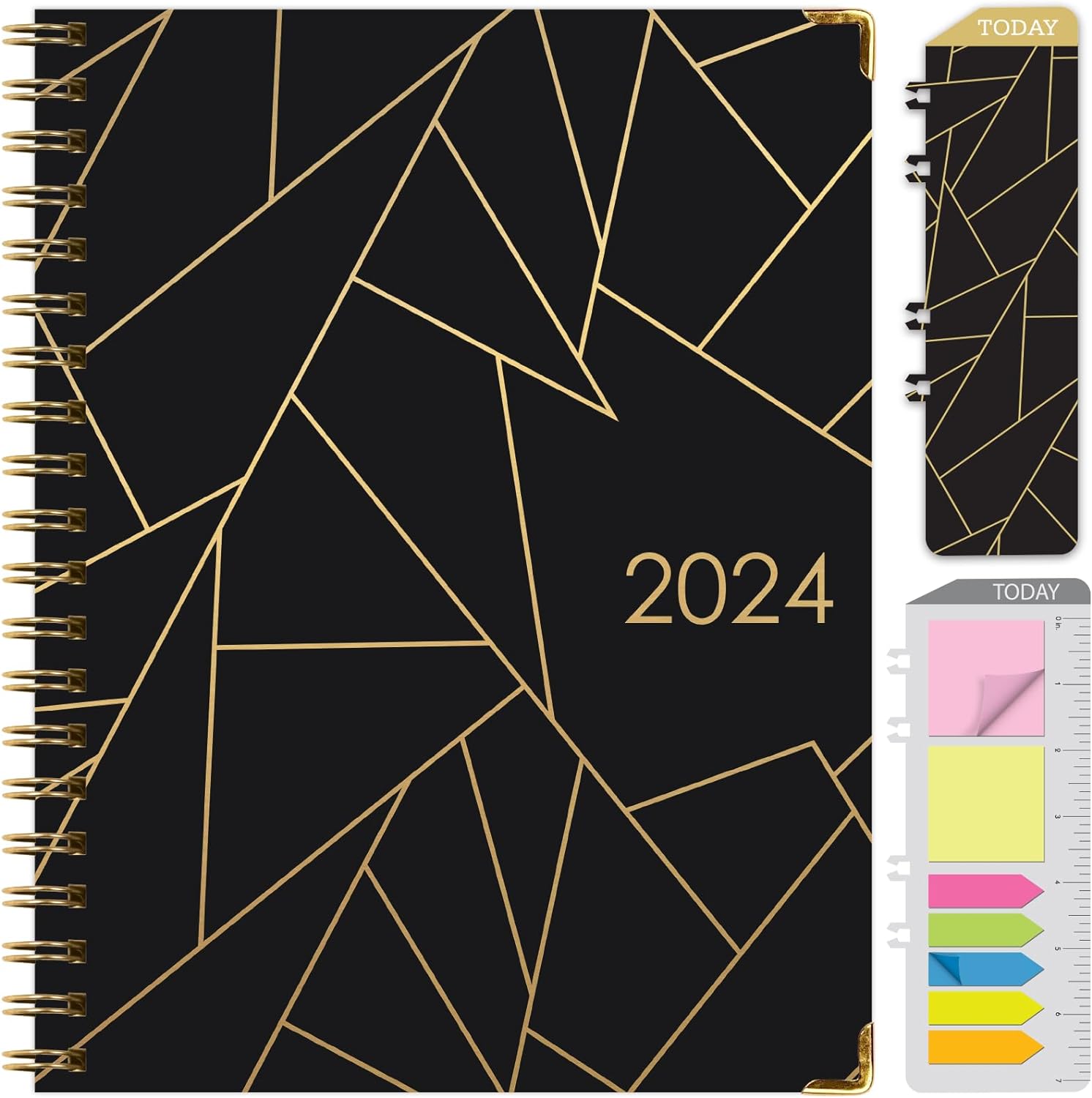 Black & Gold Foil Planner 2024 - Premium Cover, Bookmark, Pocket Folder & Sticky Notes Included