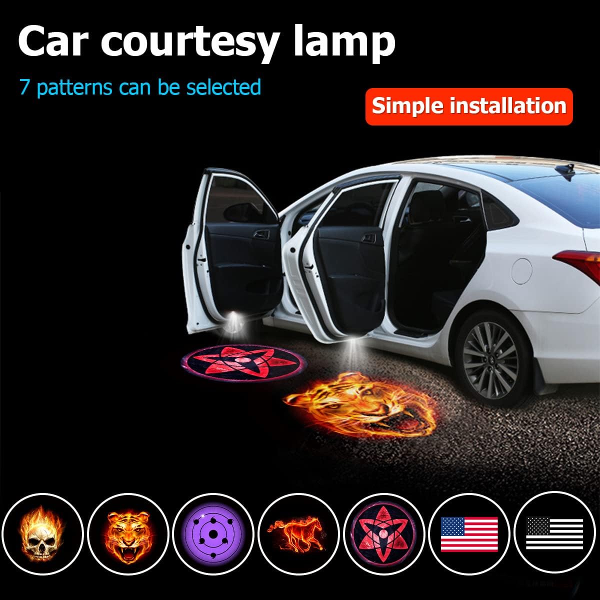 Car Door Lights Logo Projector 2 Pack, Red American Flag Wireless LED Car Paste Courtesy Hole less Magnet Sensor Light Accessories