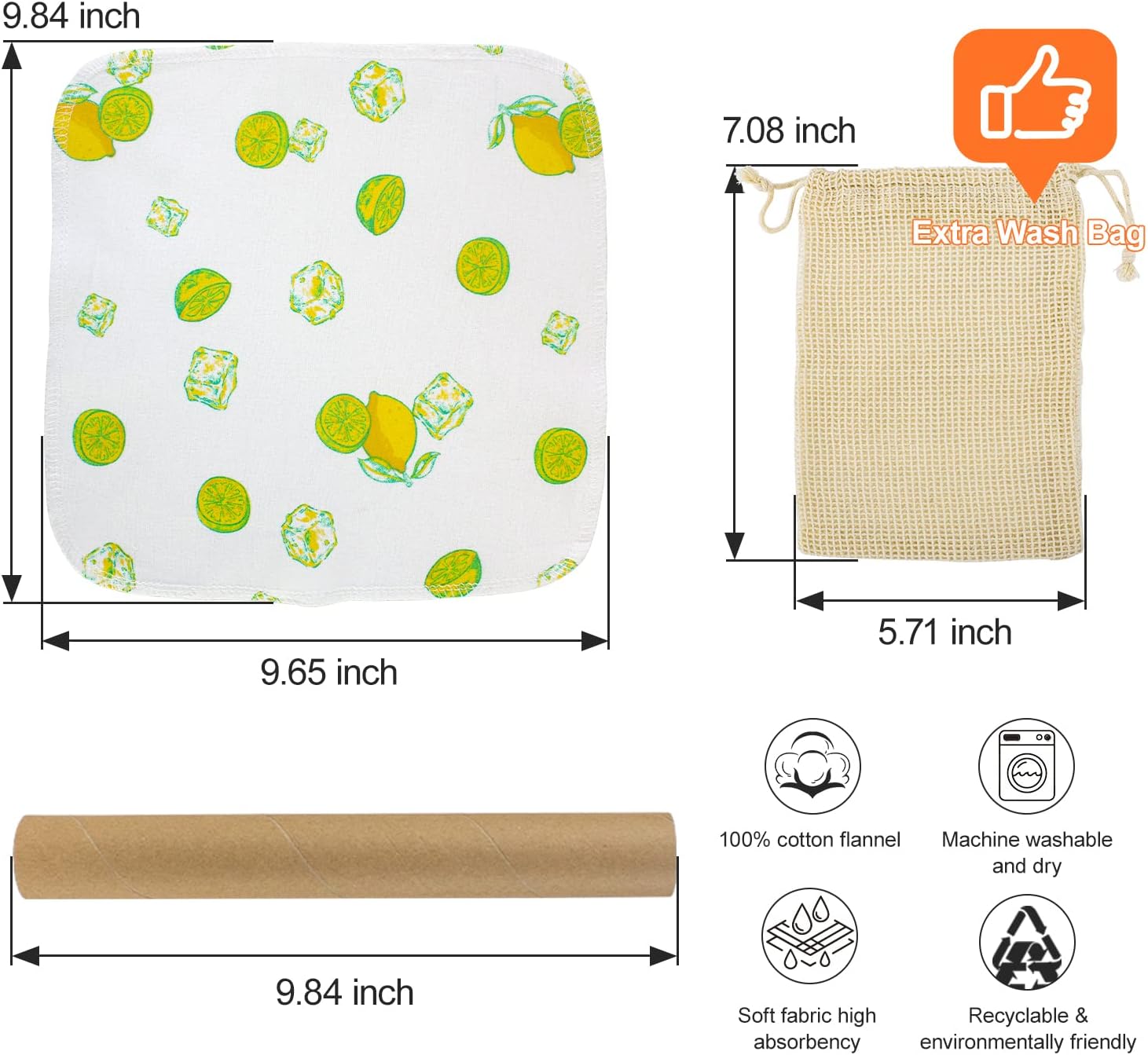 Washable Reusable Paperless Paper Towels Roll 25 Pack for Kitchen Dining Table with Wash Bag