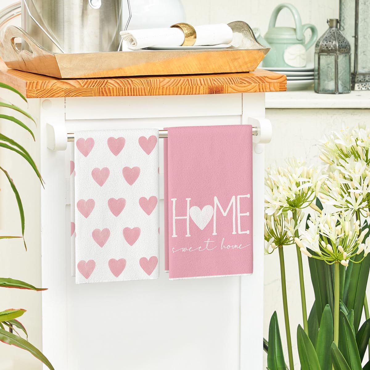 Pink Heart Love Home Sweet Home Valentine's Day Kitchen Towels Set of 2 (18" x 26")