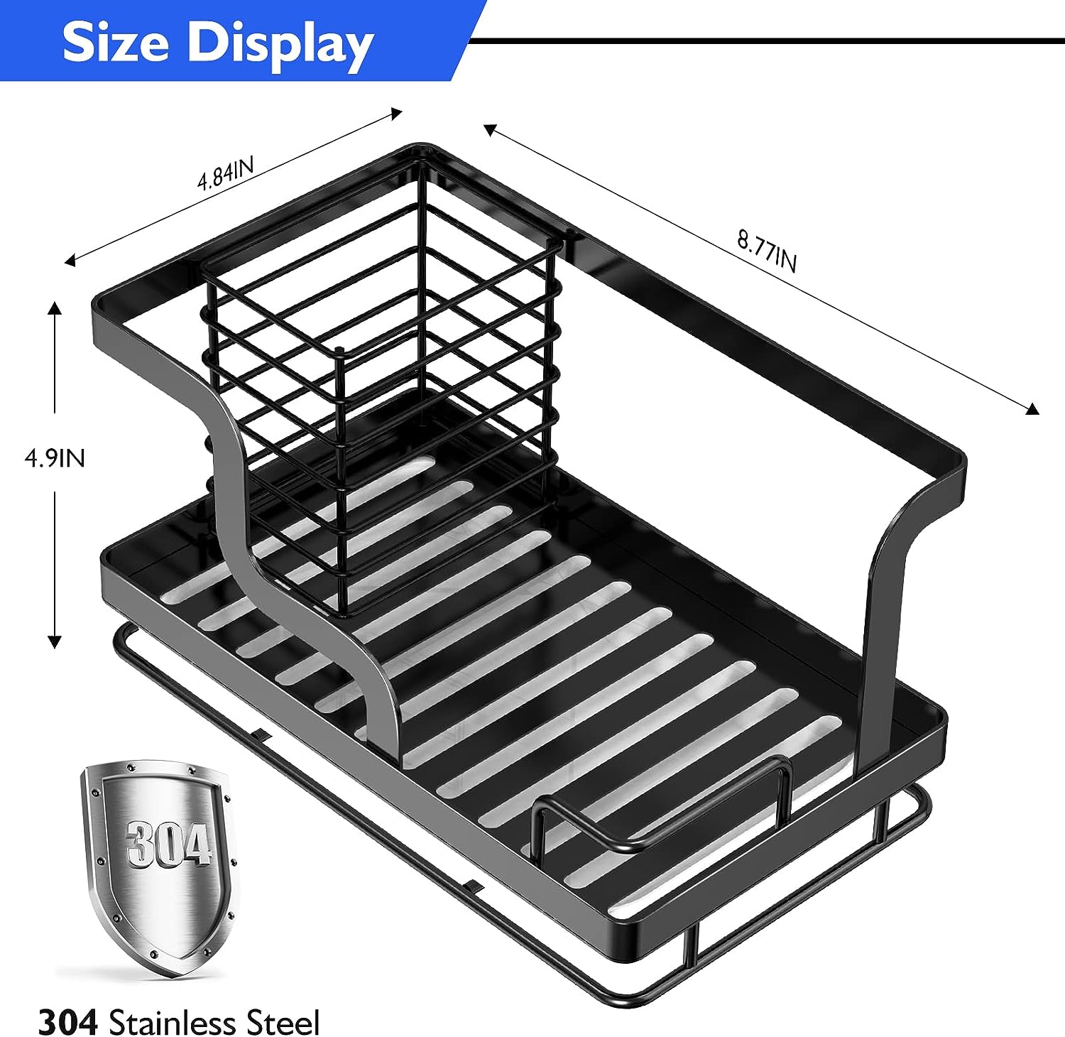 Kitchen Sink Organizer Sponge Holder Dish Soap Scrubber Holder with Removable Drain Pan, Black