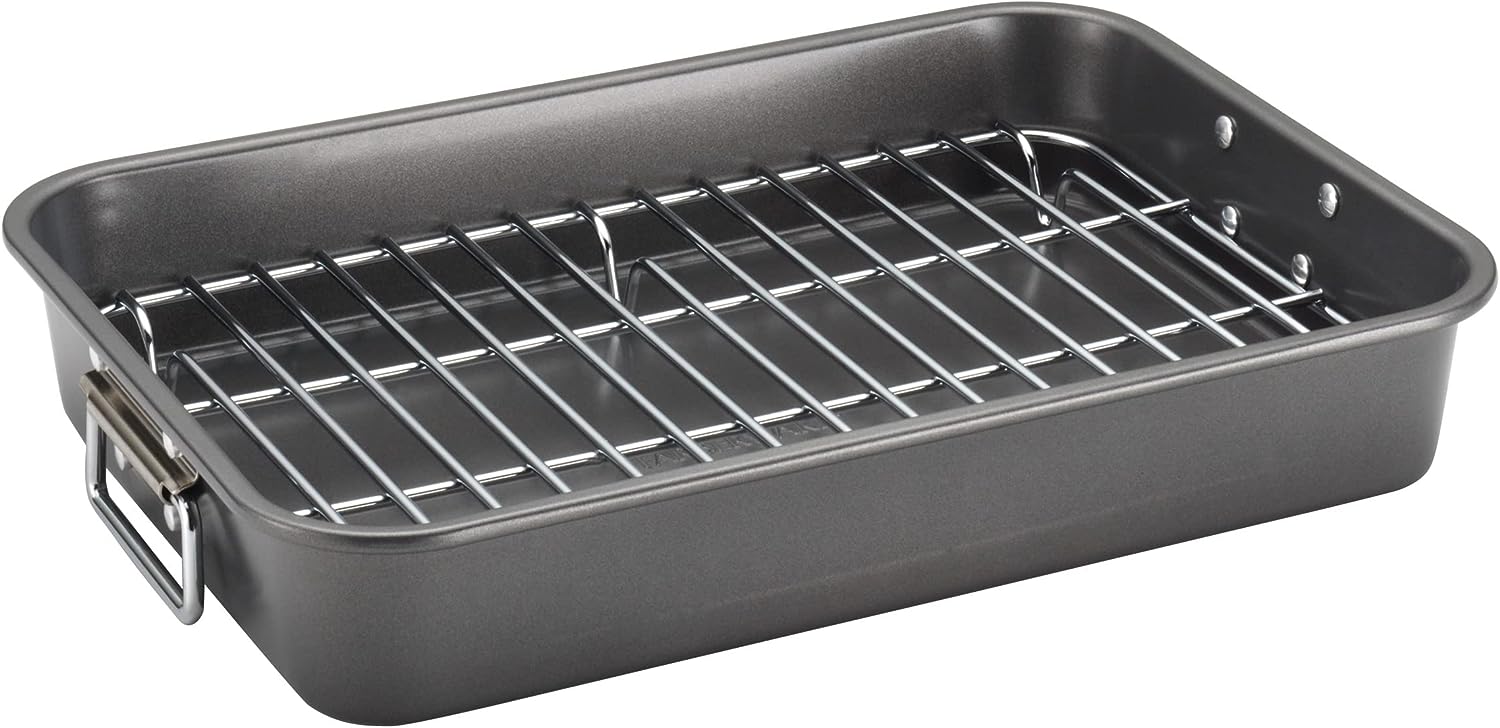 Bakeware Nonstick Steel Roaster with Flat Rack, Gray 11" x 15"