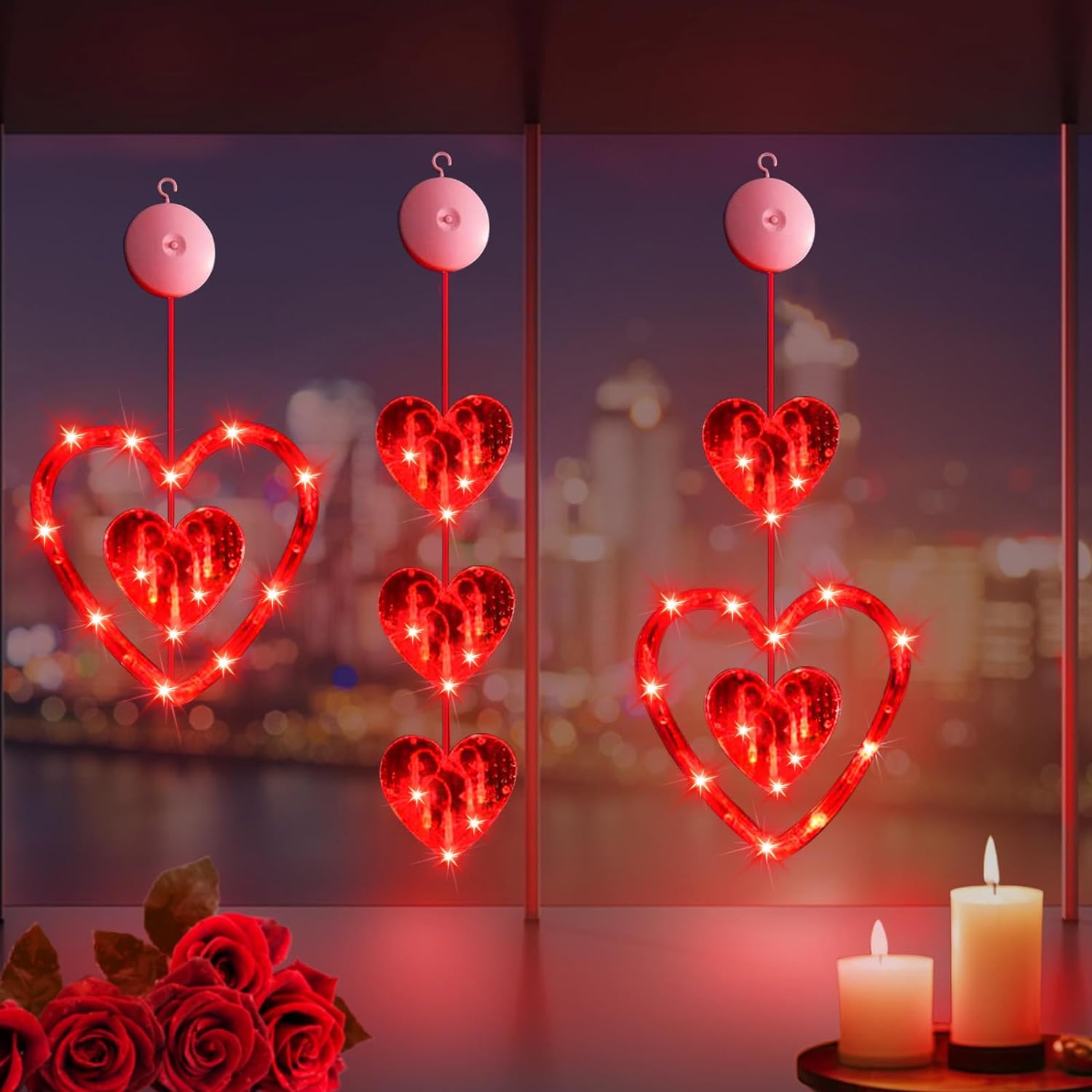 Valentines Day Window Curtain Battery Operated Fairy Lights. 3 Pack Heart Shaped Window Lights Valentines Decorations Lights, Battery Operated