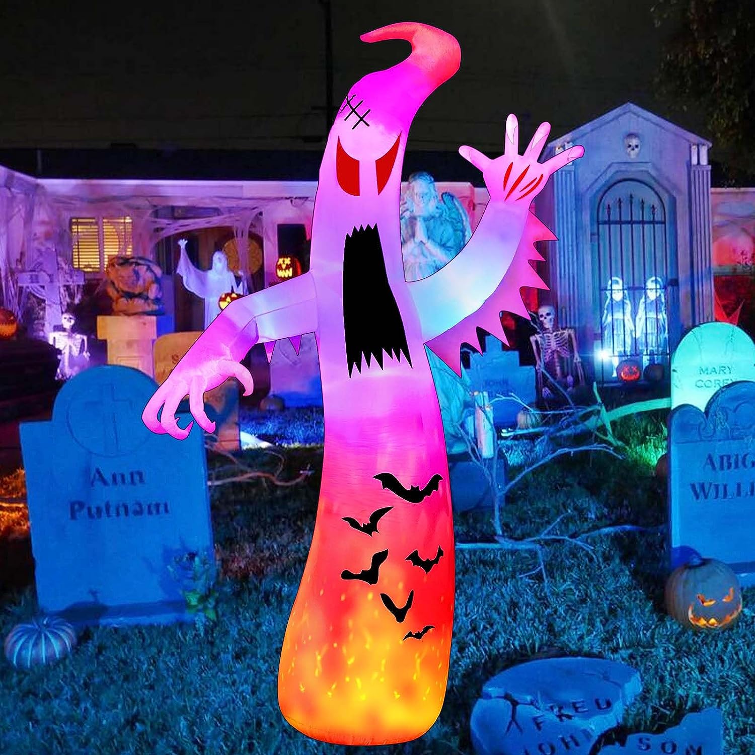 12FT Halloween Inflatables Giant Ghost Outdoor Decorations Colorful Flashing and Flame Lighting