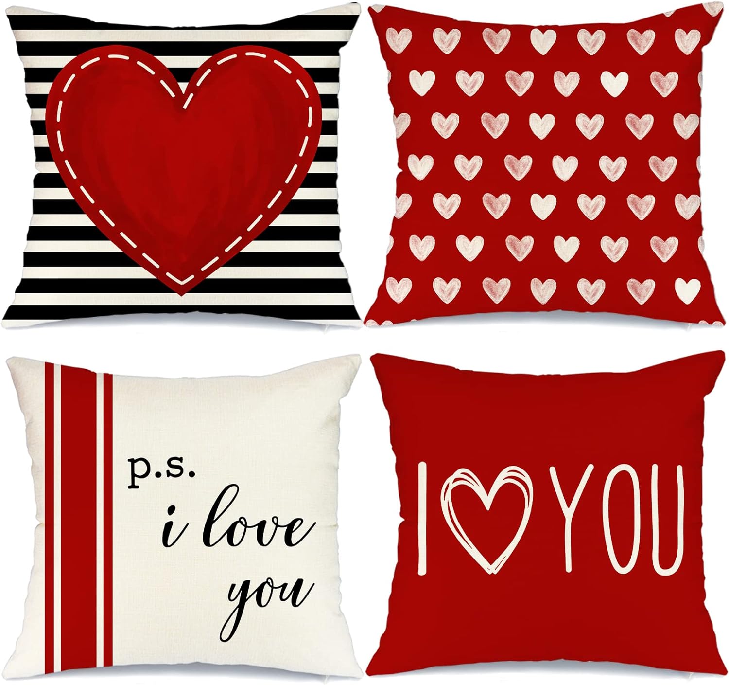 Valentines Day Pillow Covers 18" x 18" Set of 4 for Valentines Decor Red Black Stripes Love Heart I Love You