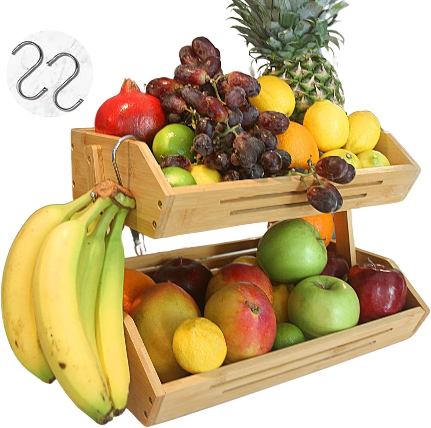 2 Tier Fruit Basket Bamboo Kitchen Countertop Organizer Wooden Bowl Alternative