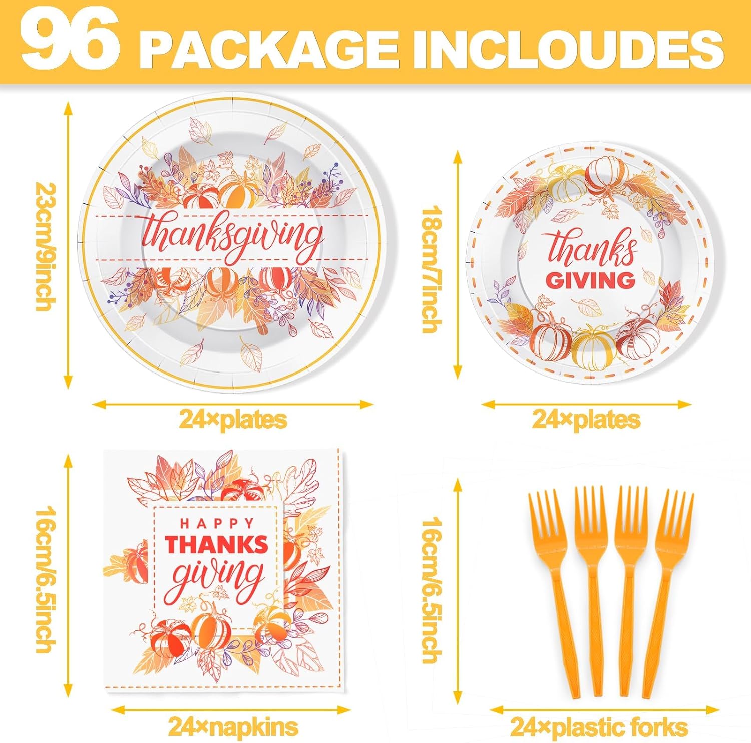 Party Plates Thanksgiving 96 Pieces Party Supplies Happy Thanksgiving Little Pumpkin and Fall Leaves Paper Party Supplies