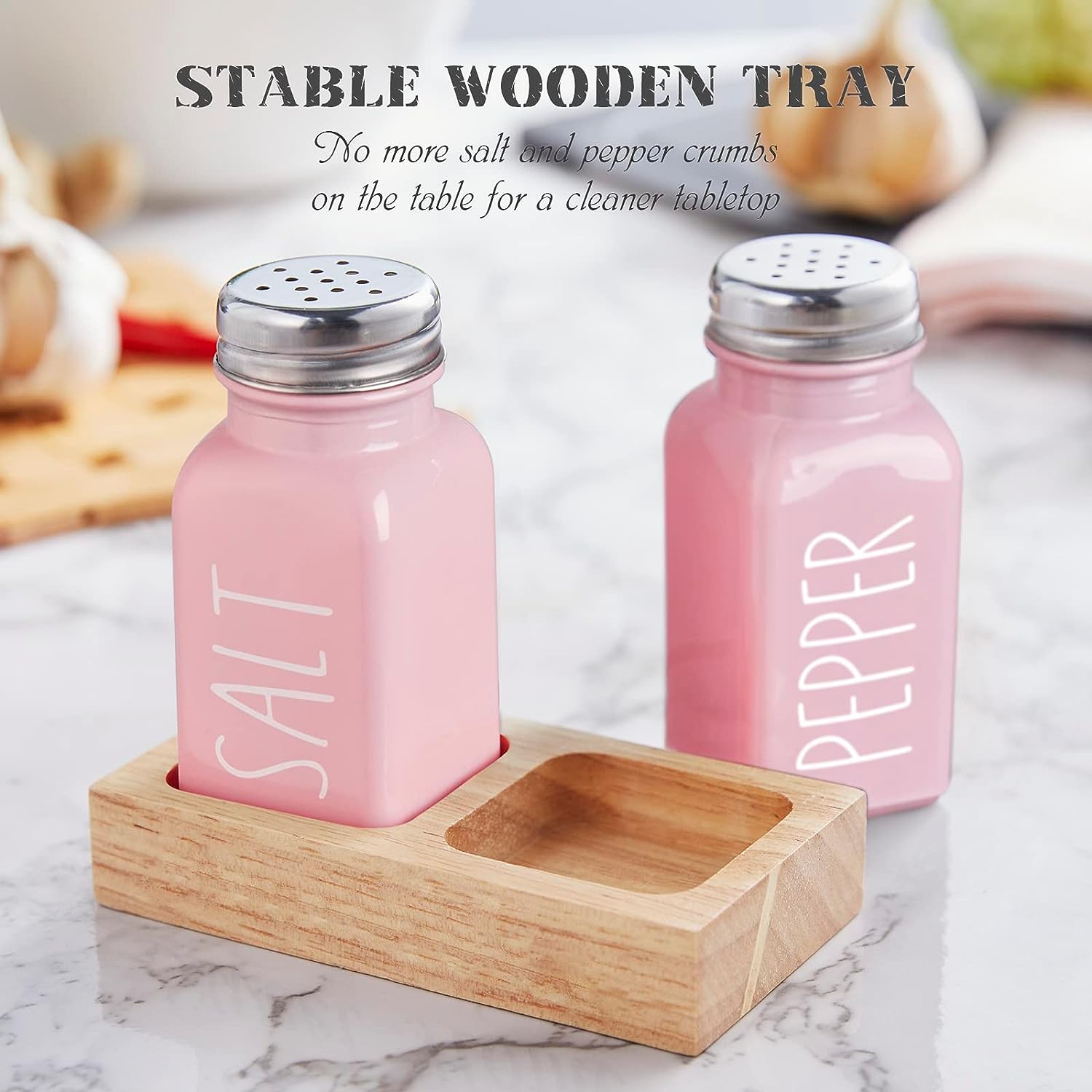 Salt Shaker with Wood Tray for Kitchen Counter (2.7 oz/ Pink)