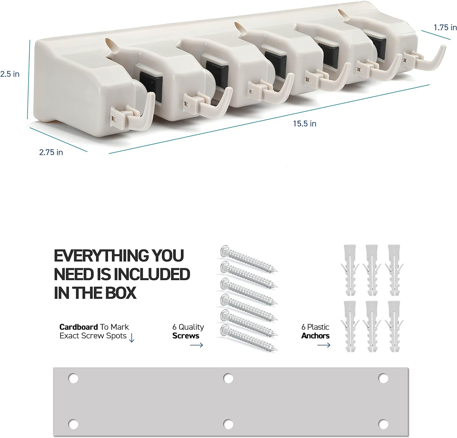 Garage Mop And Broom Holder with 5 Slots, 6 Hooks, 7.5lbs Capacity Per Slot, Off White