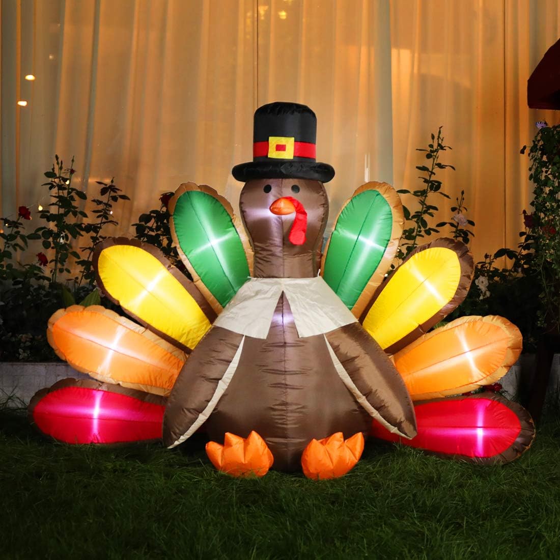 Thanksgiving Inflatable 5FT LED Lighted Turkey with Hat Blow up Decp