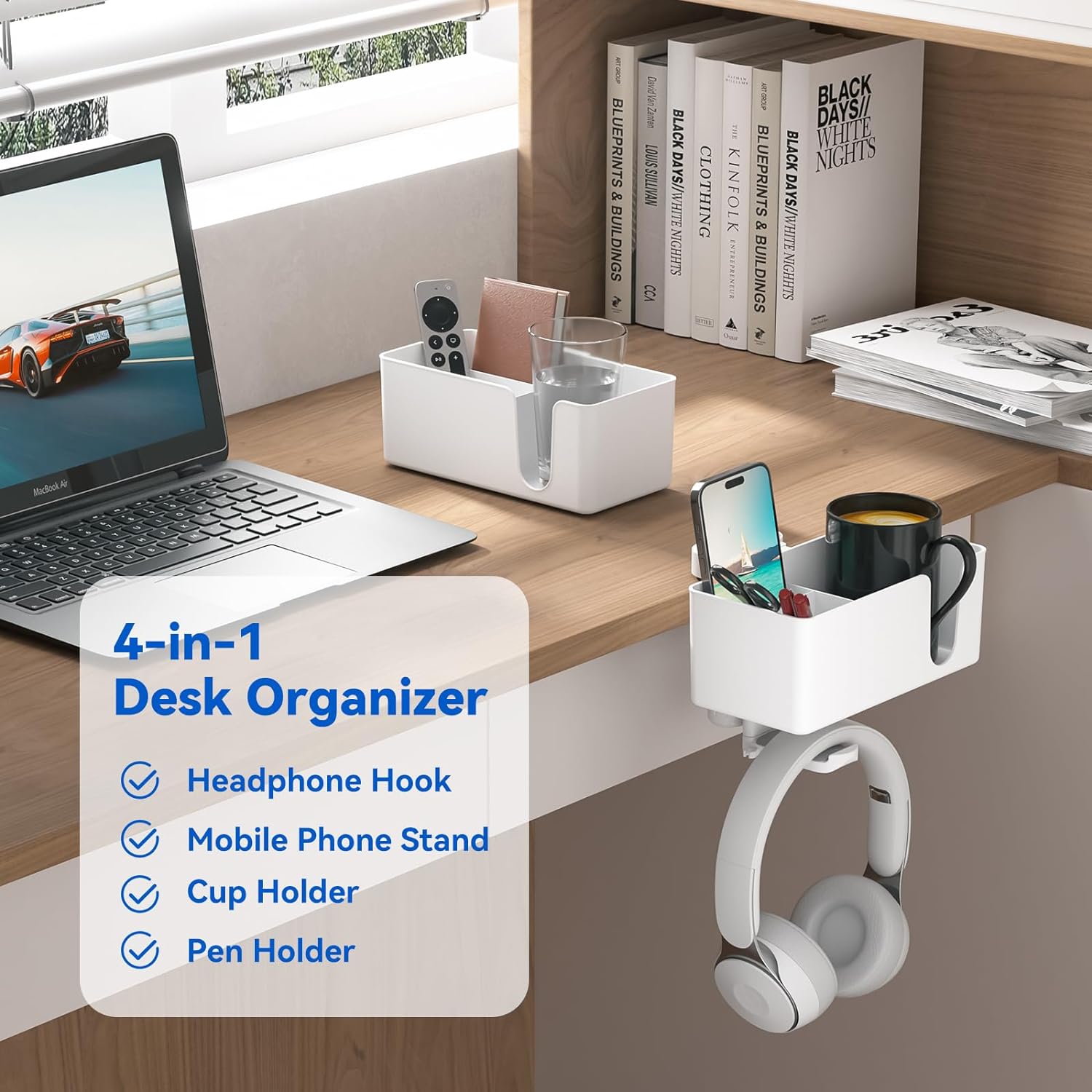 4 in 1 Desk Cup Holder - Clamp on Under Desk Headphone Hanger, White