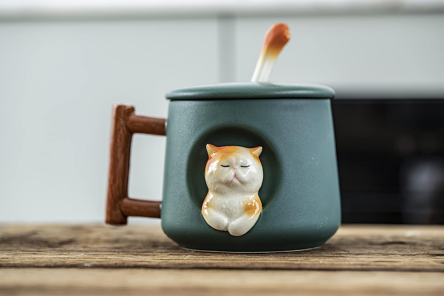 3D Ceramic Cat Mug with Lid and Spoon 14OZ, Green