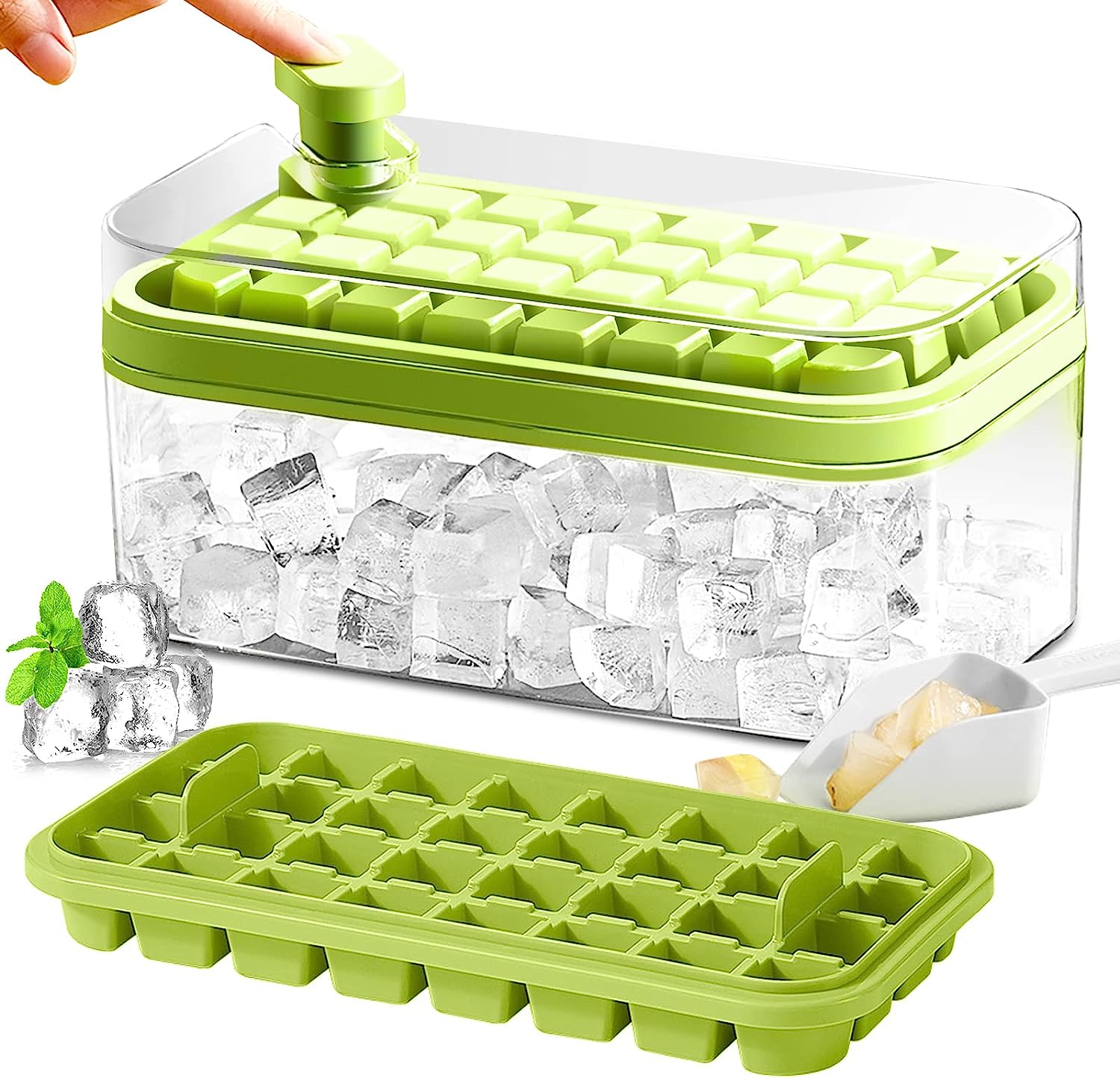 Ice Cube Tray with Lid and Bin, 2 Pack for Freezer, Green