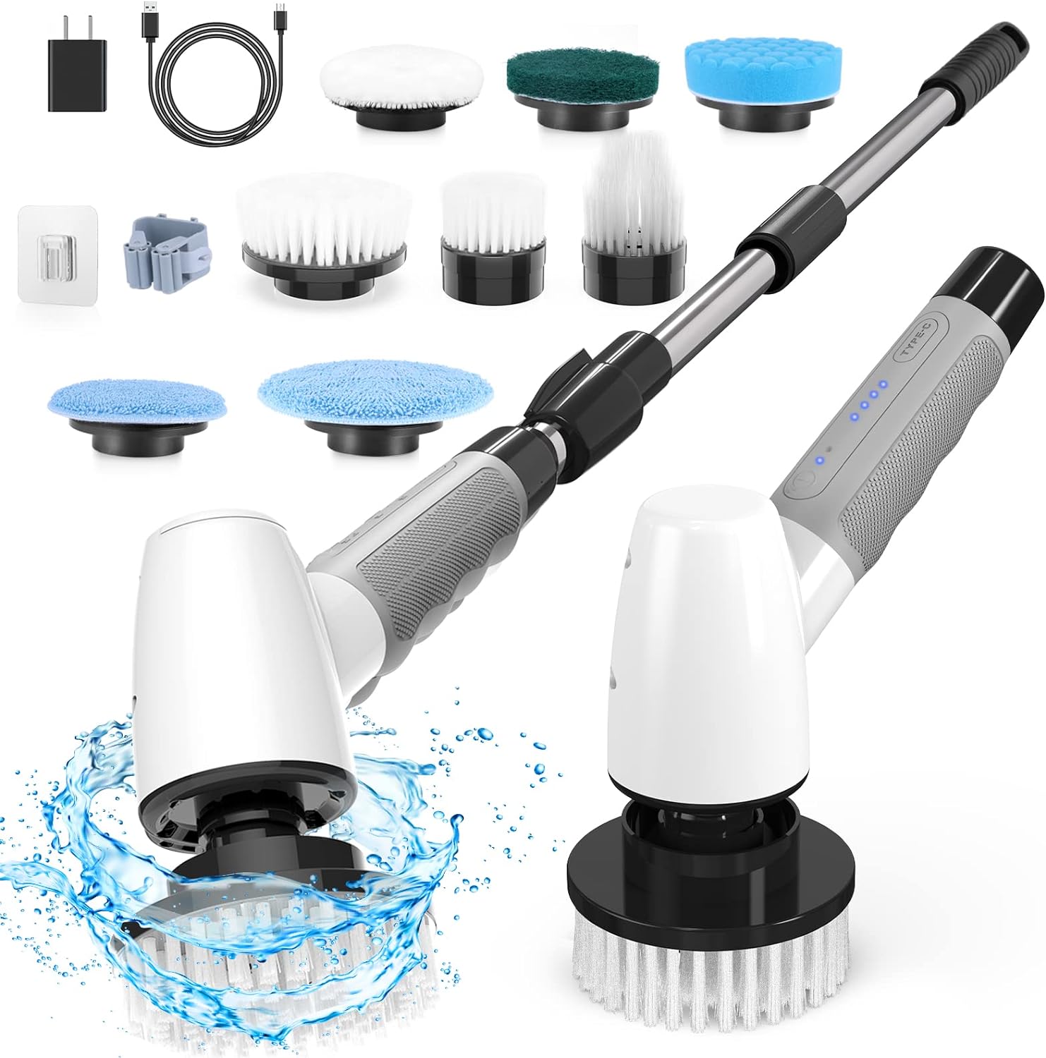 Cordless Cleaning Brush Tub Tile Scrubber with 8 Replaceable Brush Heads for Home