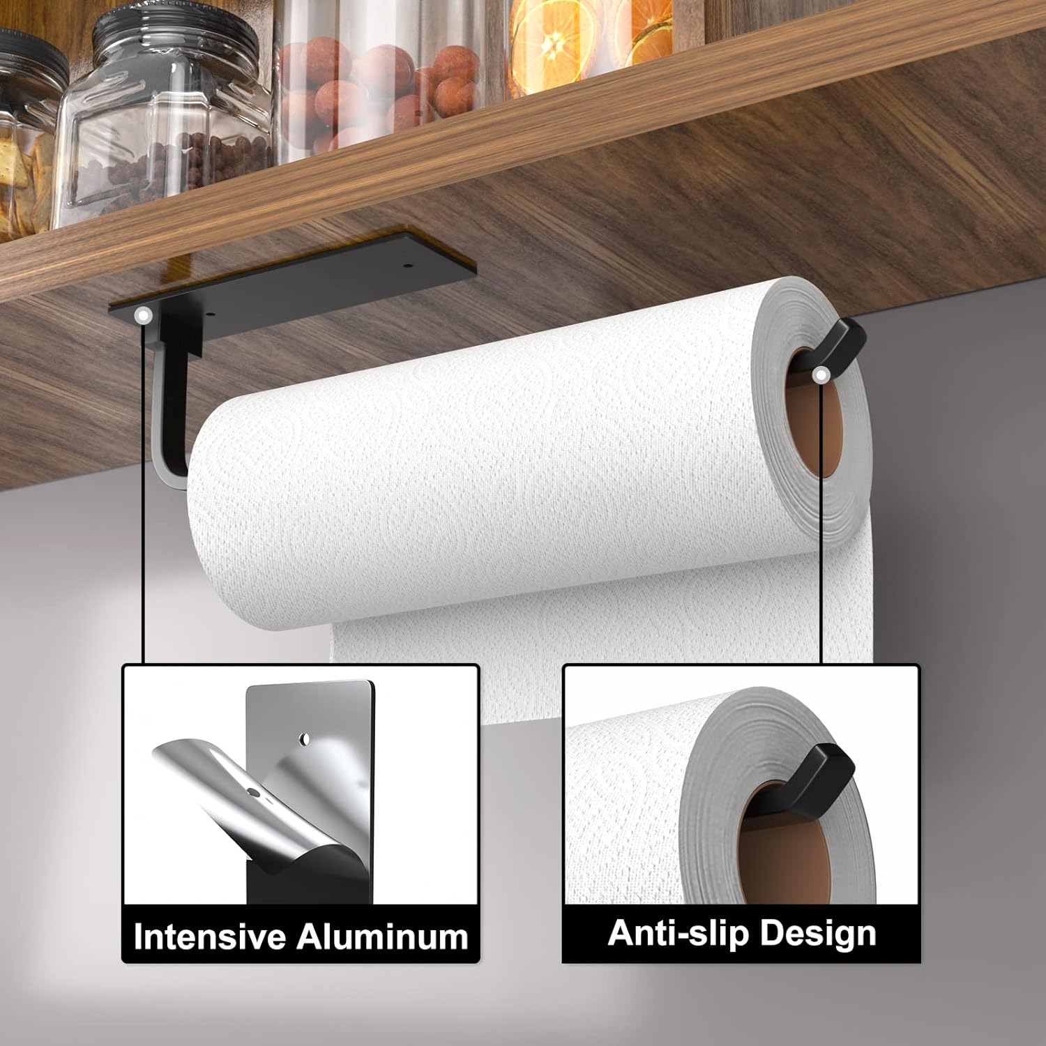 Under Cabinet Paper Towel Holder Self-Adhesive or Drilling Paper Towel Rack, Matte Black