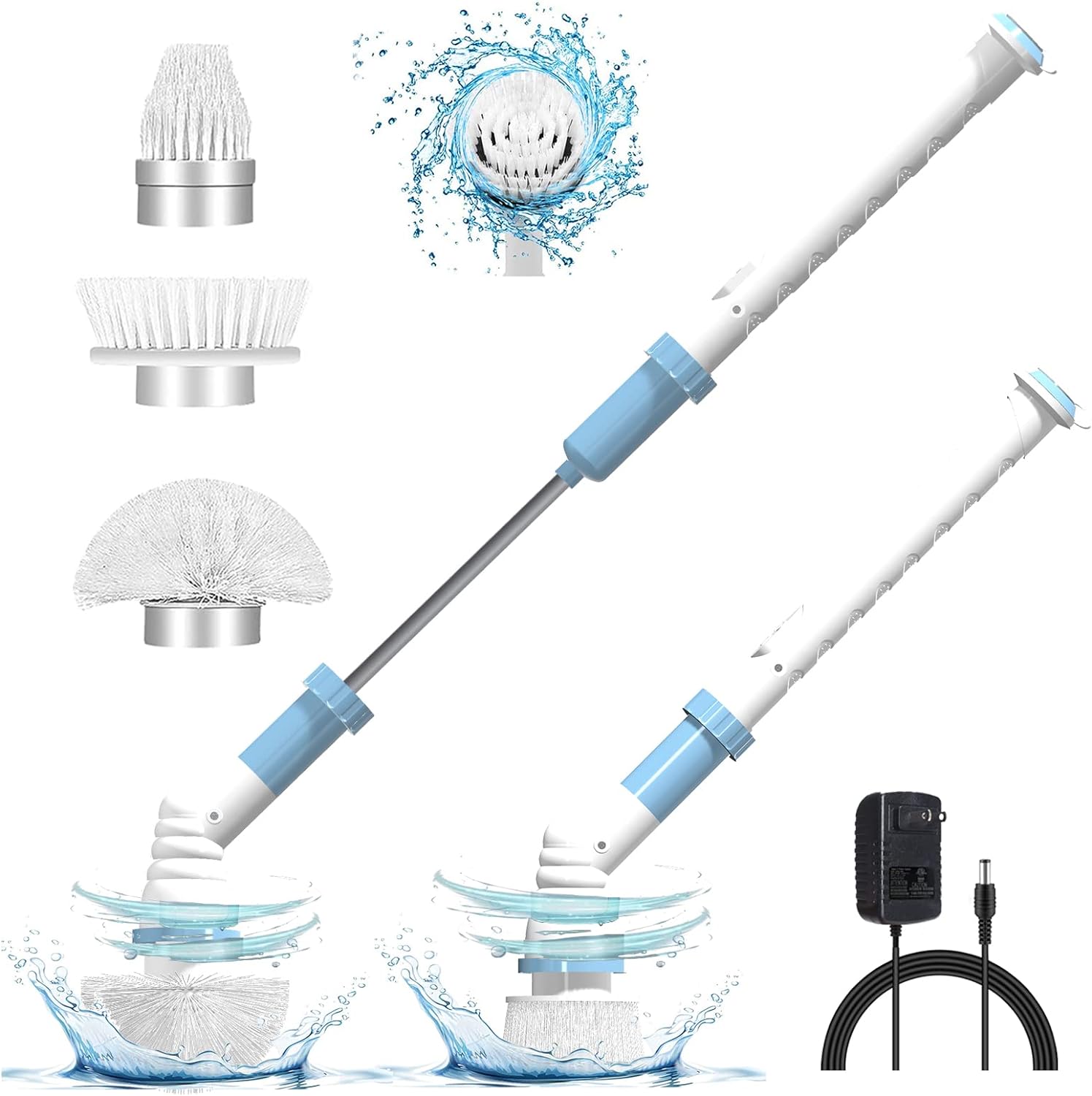 Cordless Electric Spin Scrubber with Long Handle, Shower Scrubber for Cleaning Equipped with 3 Multi-Purpose Cleaning Brush Heads