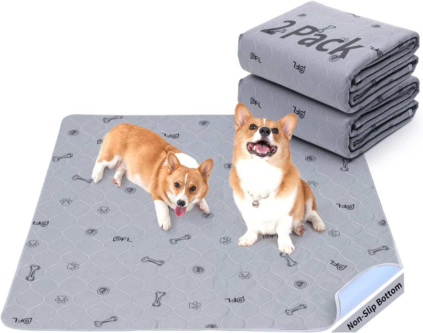 Washable Pee Pads  2 Pack Washable with Bone Print Dog Mats, Gray (31"L x 36"W)