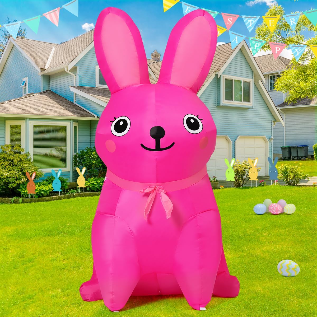 Easter Inflatables Bunny 5FT Outdoor Decorations Blow Up Yard Cute Pink Rabbit with Built-in LEDs