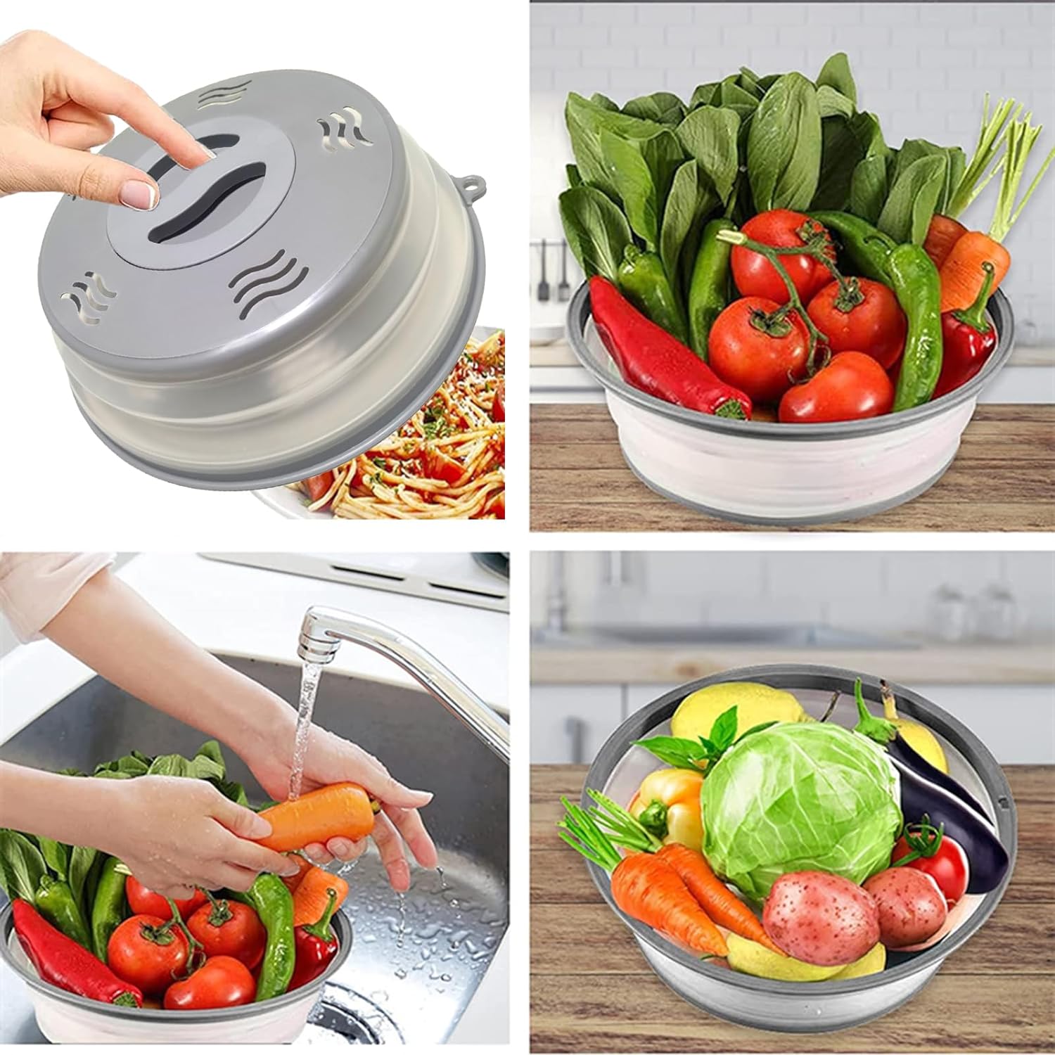 Microwave Splatter Cover Vented Silicone Plastic for Fruit Vegetables Microwave Plate Cover with Hook Hole, Gray