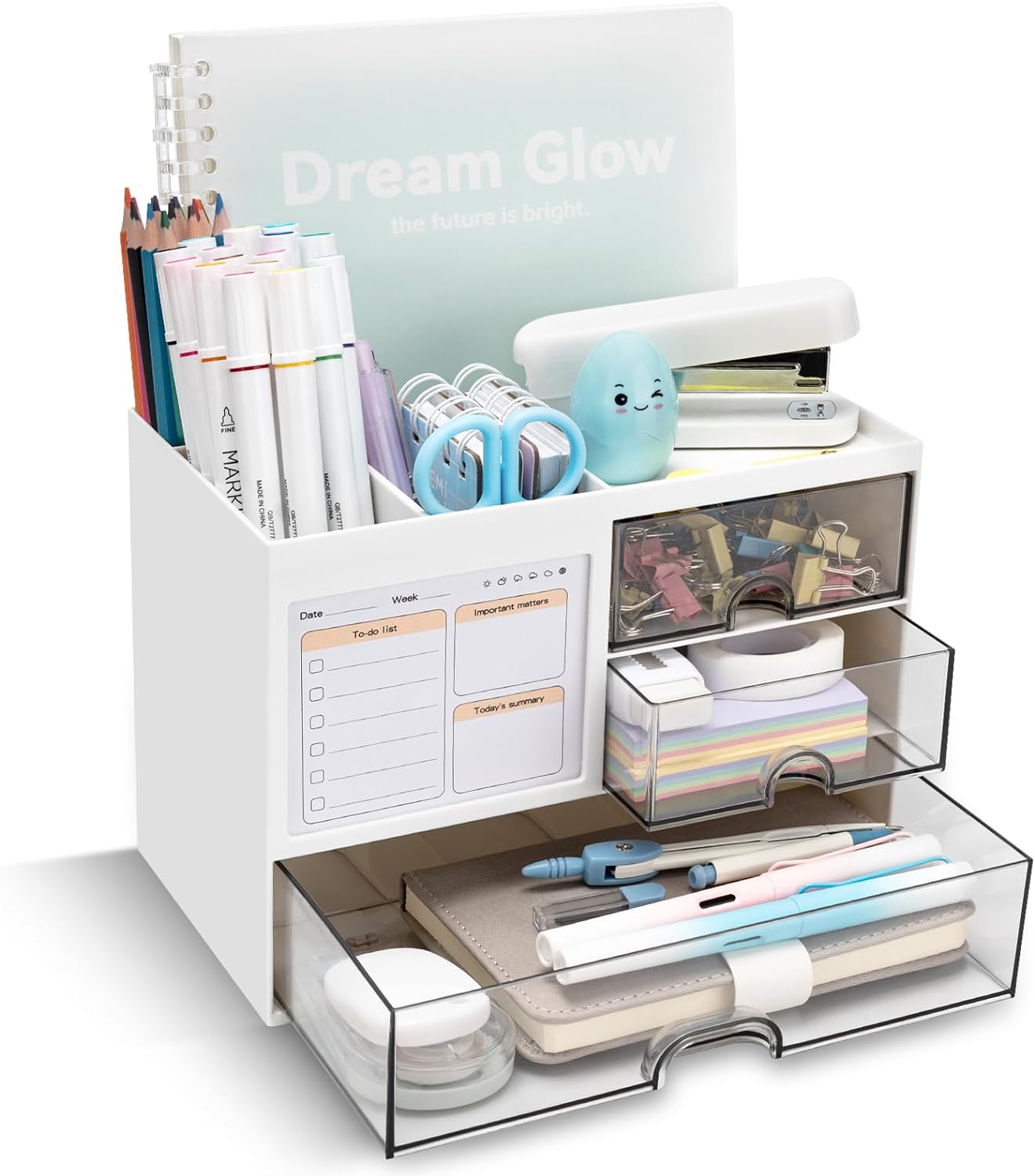 Desk Organizer with 3 Drawer, Multi-Functional Pencil Pen Holder for Desk (White)