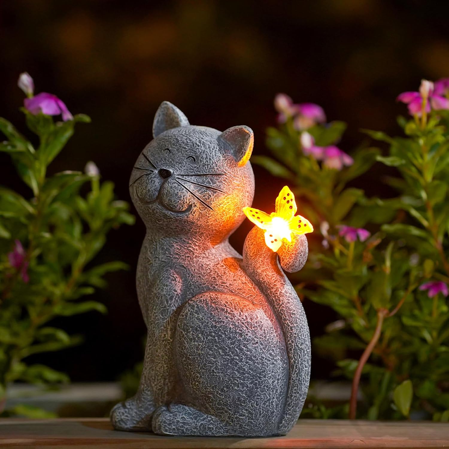 Solar Cat Outdoor with Butterfly Statues  for Yard Art Lawn Ornaments Porch Patio Balcony Home House