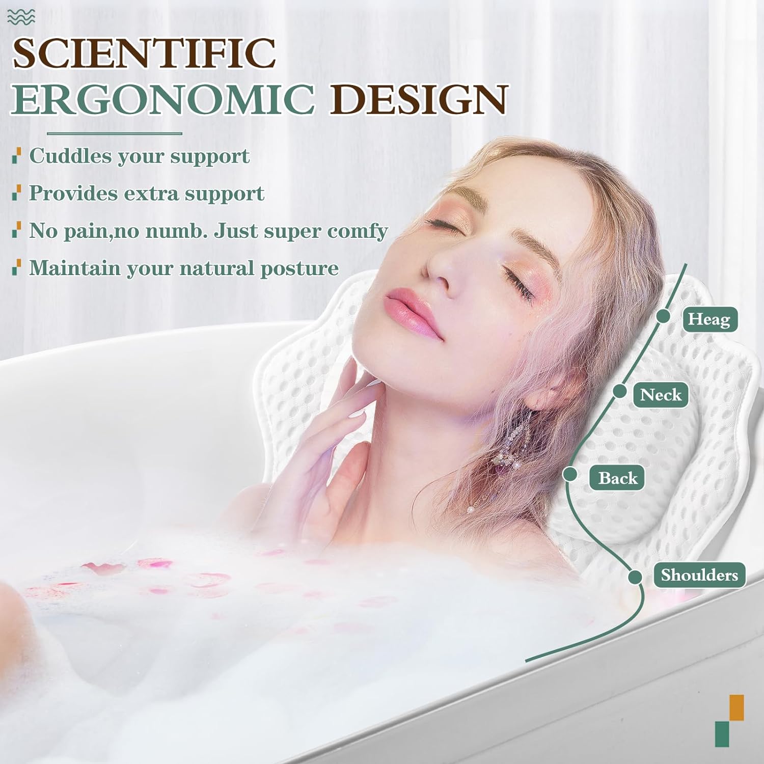 Bath Pillow Ergonomic Luxury Bathtub Pillow, 4D Bath Pillows for tub with 6 Powerful Suction Cups, Fits All Bathtub