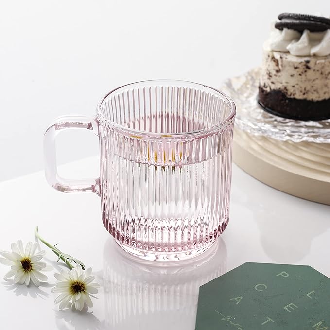 Pink Glass Coffee Mug with Lid 12.5oz Classical Vertical Stripes Glass Tea Cup