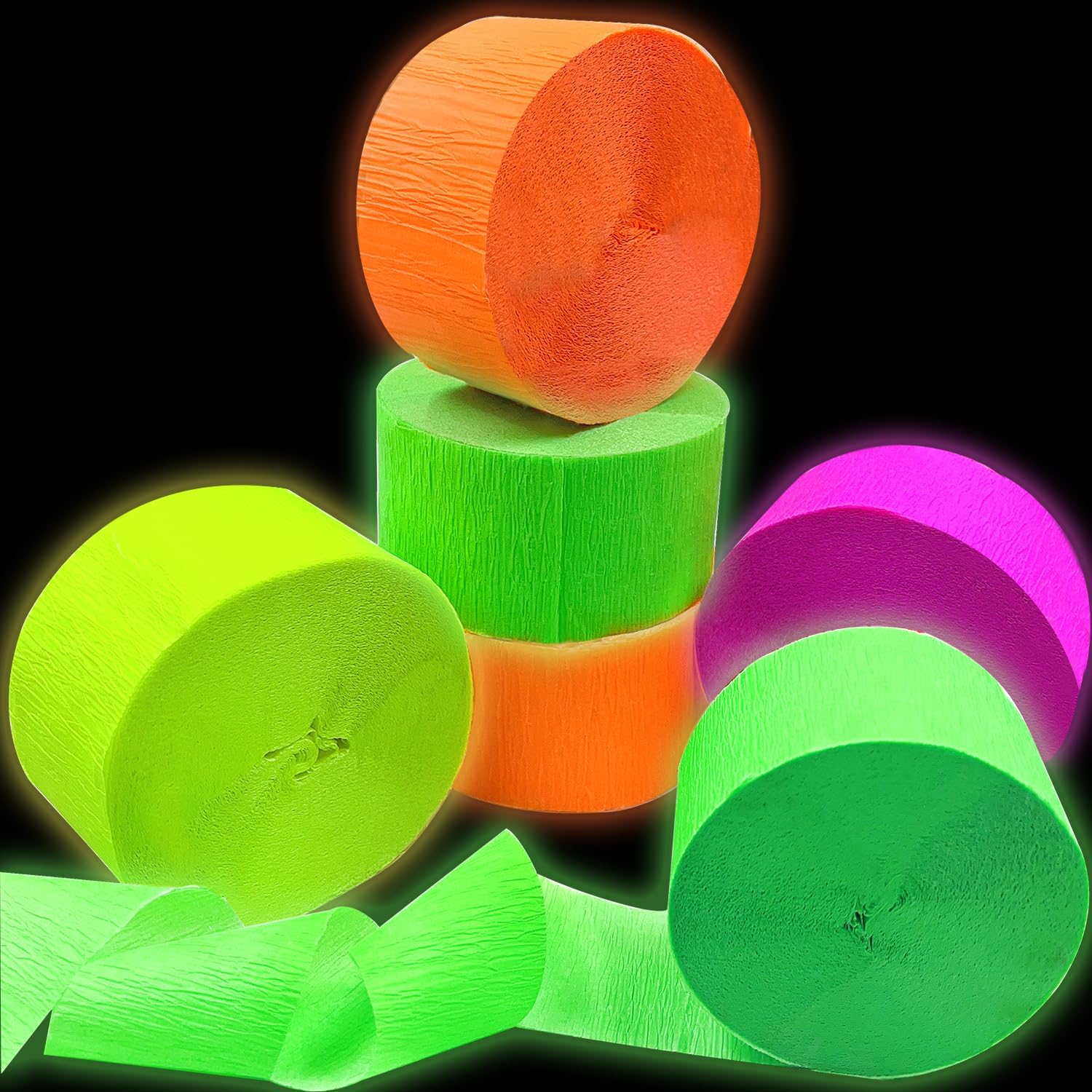 400FT Blacklight Party Streamer Decorations, 4 Rolls Glow Crepe Paper for Wedding, Birthday, Neon Party, Fiesta Party