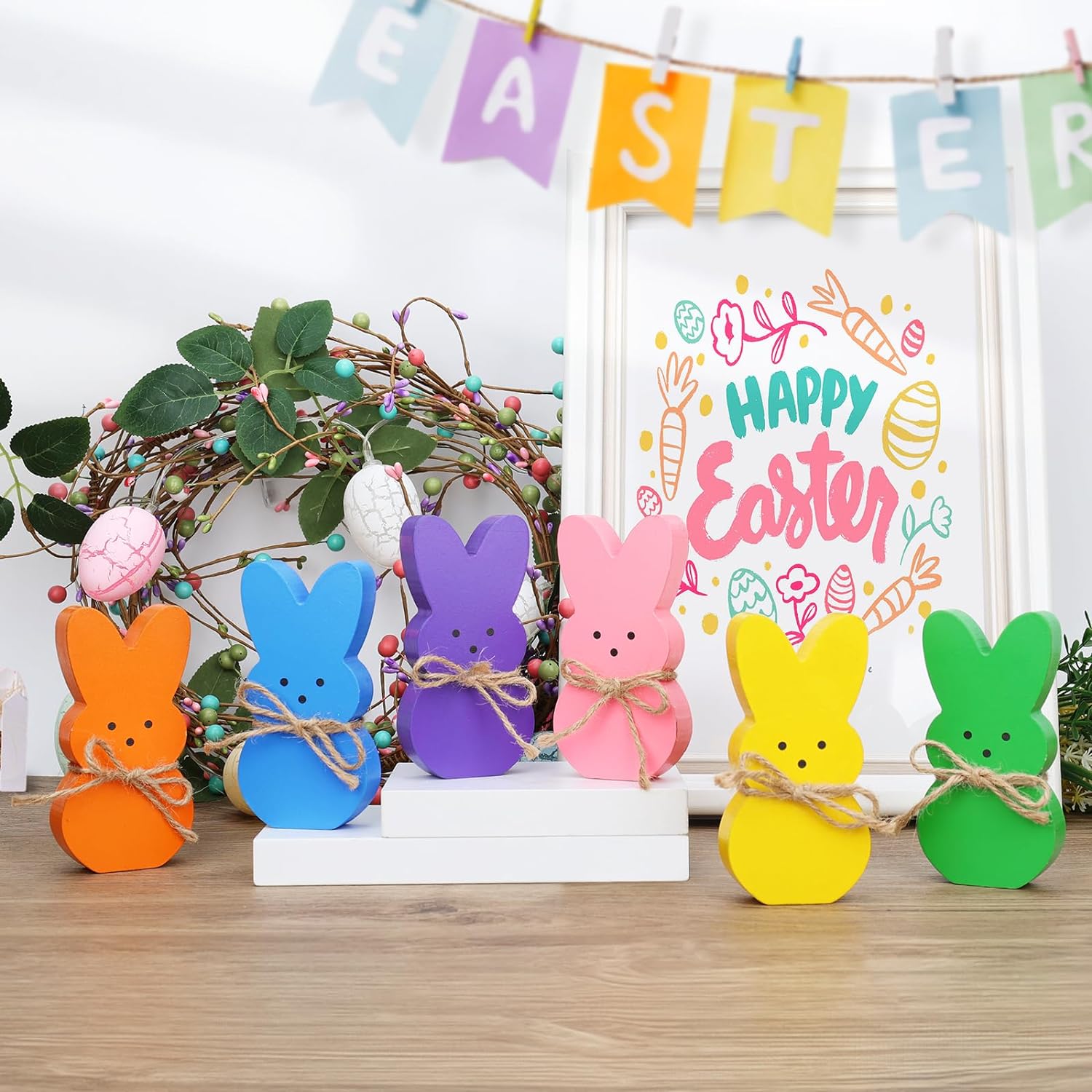 Wooden Easter Decorations Indoor 6PCS Easter Bunny Decor for Table