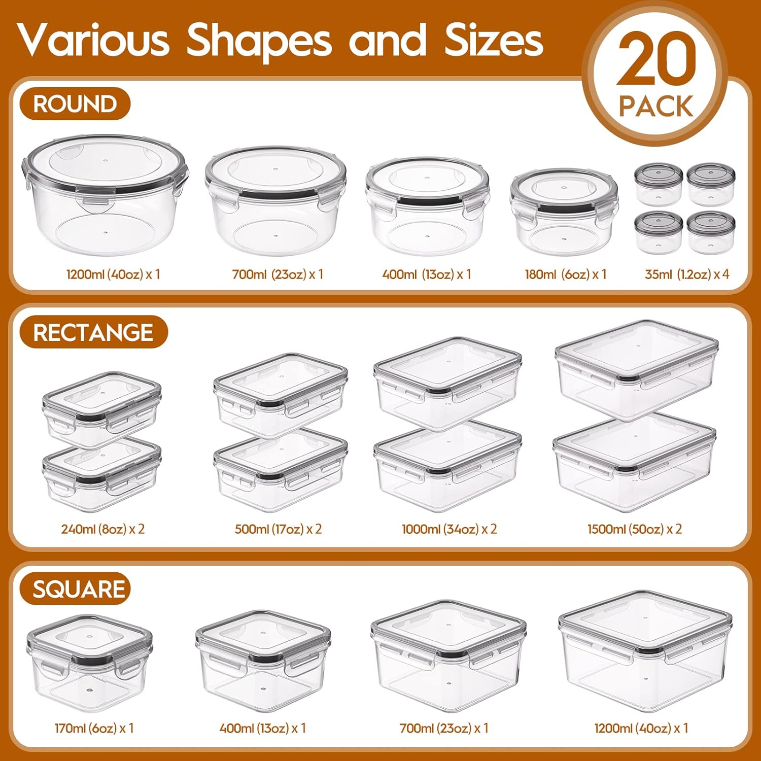 Food Storage Containers with Lids Airtight (20 Containers & 20 Lids) with Labels & Marker Pen