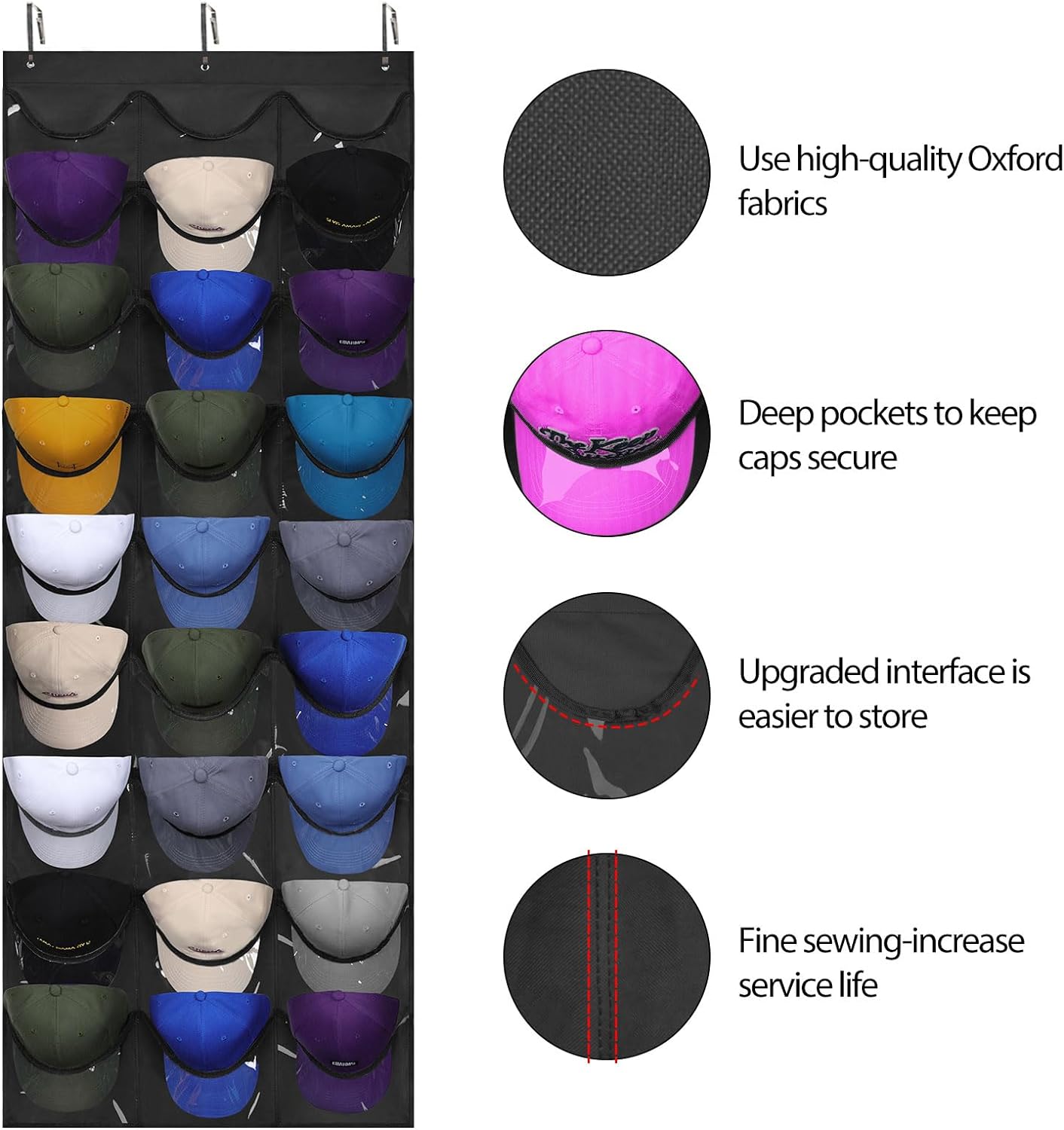Hat Organizer Cap Rack for Wall Door with 3 Hooks, 27 Deep Pockets (Black)