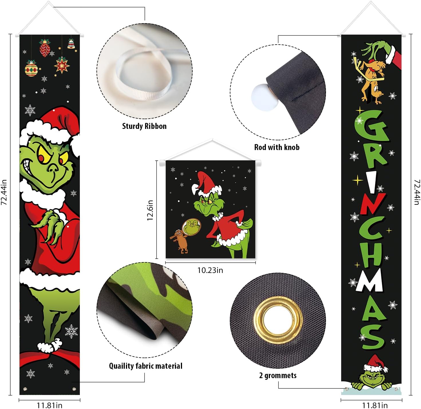 Grinch's Banner Decor, 3 Pcs Grinch's Christmas Decorations