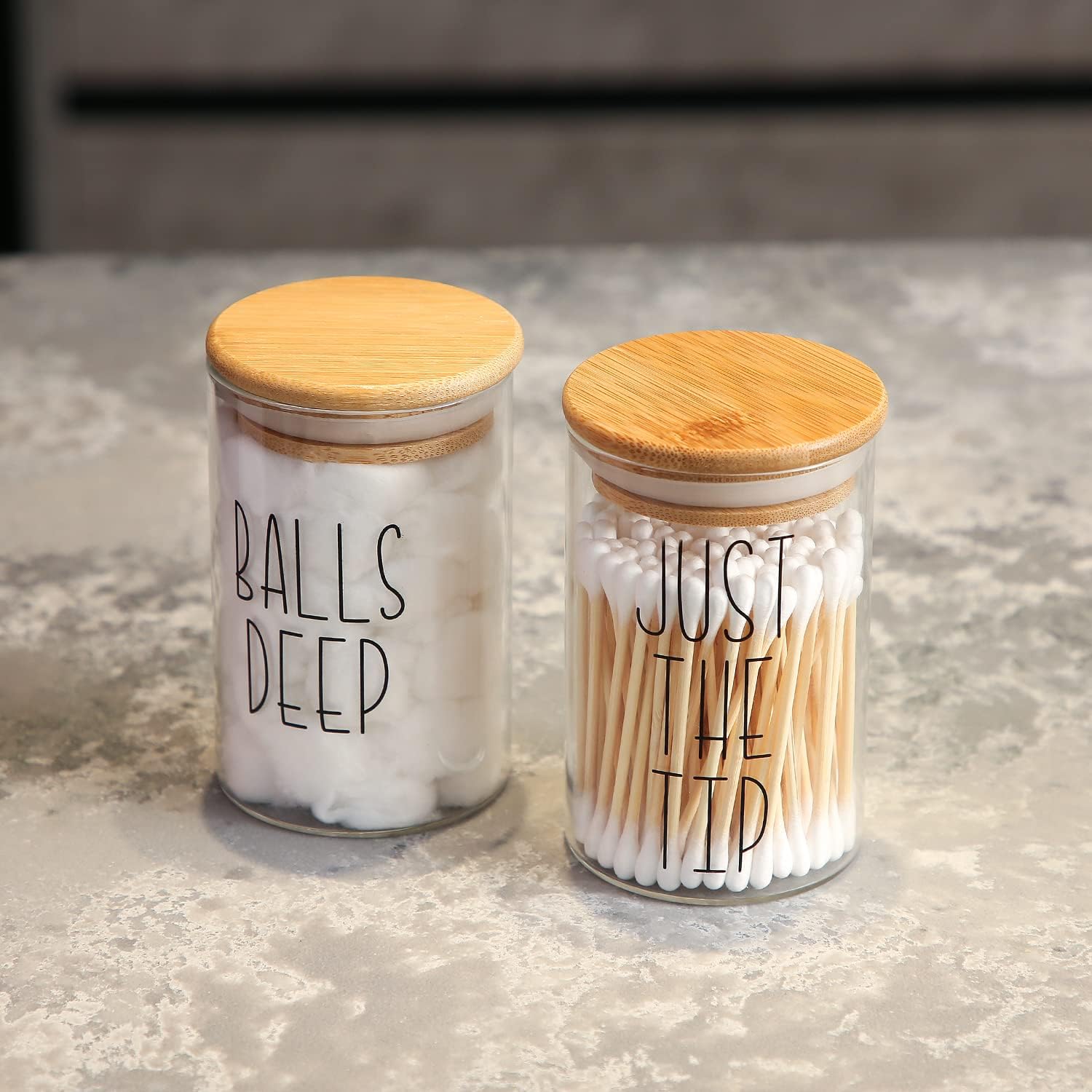 Jars with Lids for Qtip Cotton Ball Bathroom Organization (Glass/ Wood Lid)